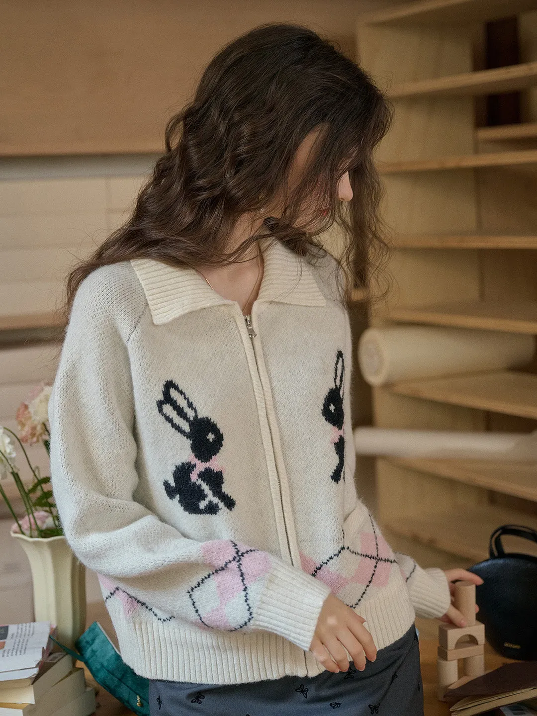 【Final Sale】Layne Lapel Clashing Rabbit Embroidery Zip Cardigan