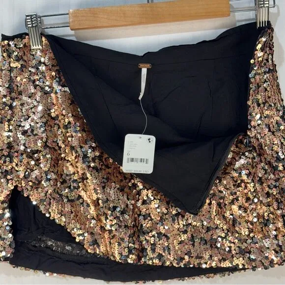 Free People Annalise Sequined Mini Skirt Metallic Bronze Lined Side Zip Size 6