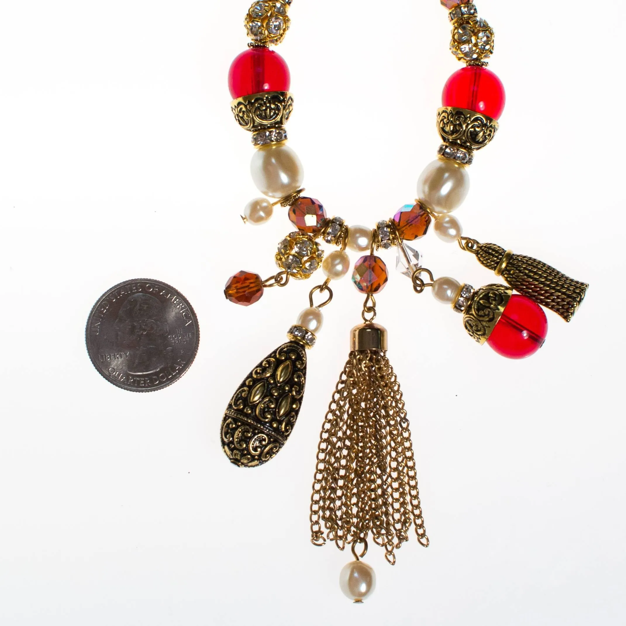 Garnet Crystal, Pearl, Rhinestone, and Gold Tassel Charm Bracelet