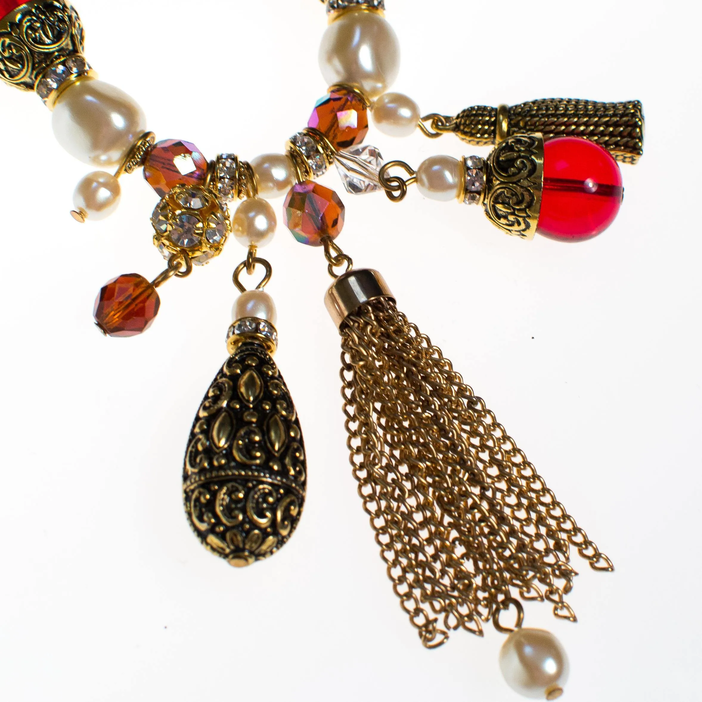 Garnet Crystal, Pearl, Rhinestone, and Gold Tassel Charm Bracelet