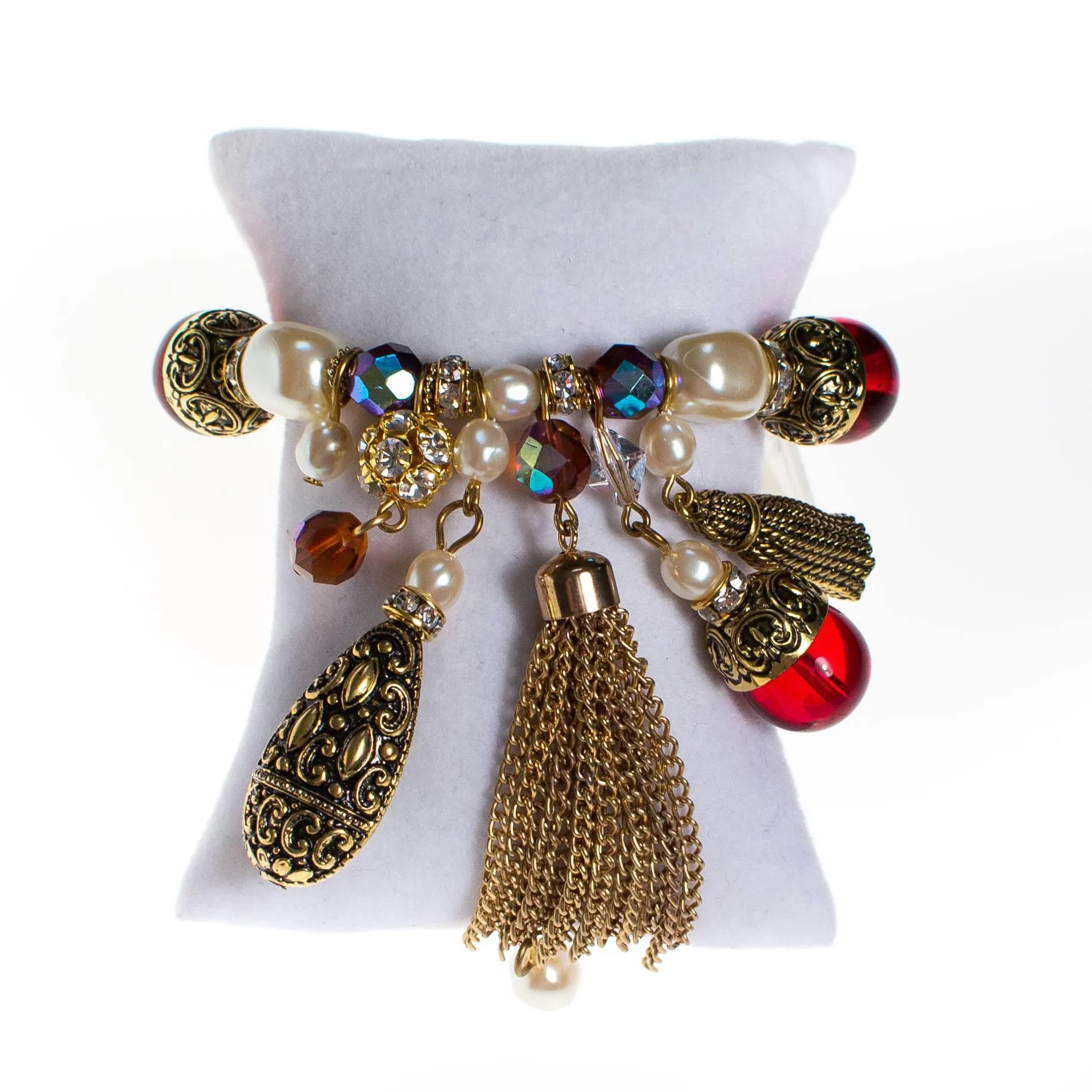 Garnet Crystal, Pearl, Rhinestone, and Gold Tassel Charm Bracelet