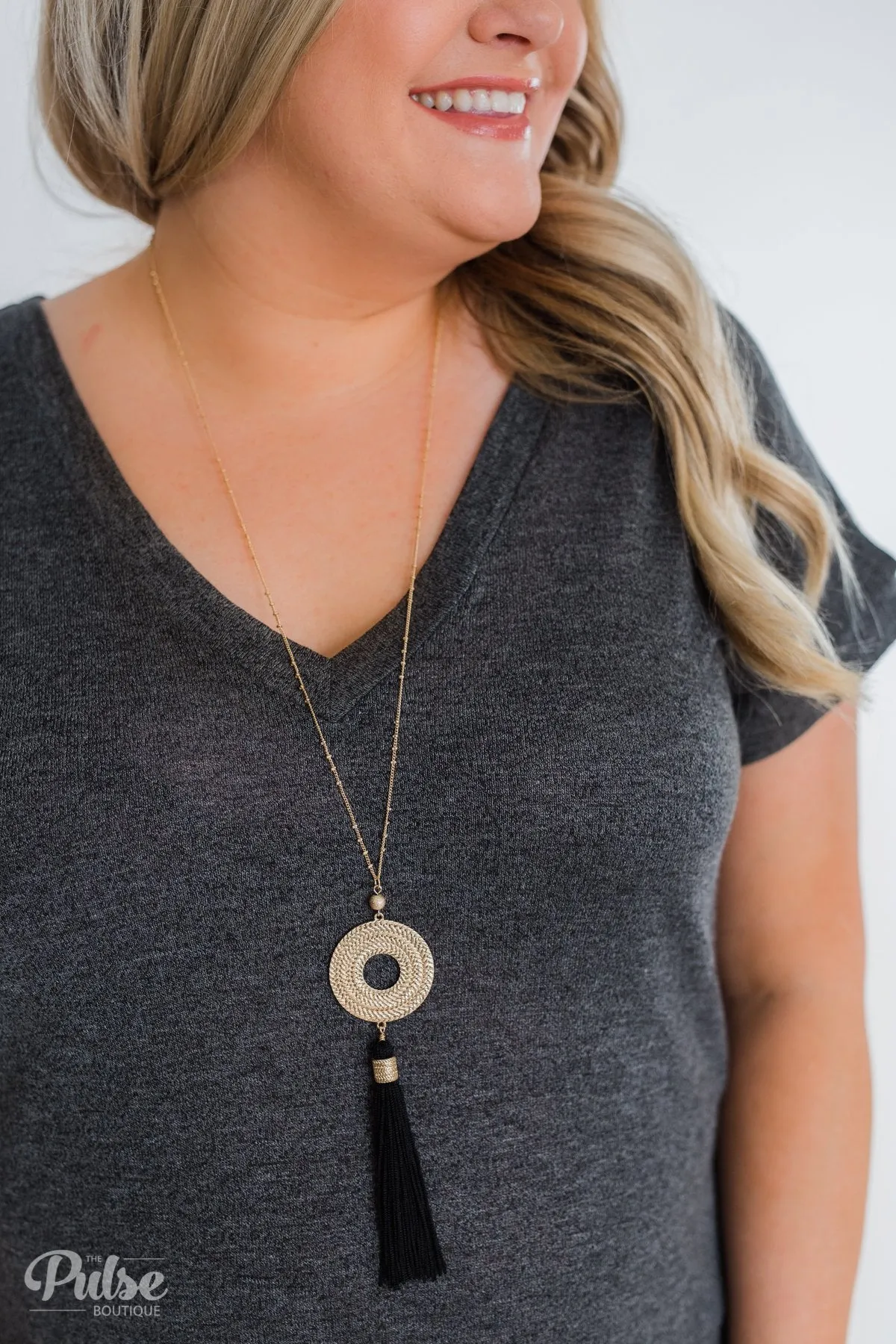 Gold Circle & Tassel Necklace- Black