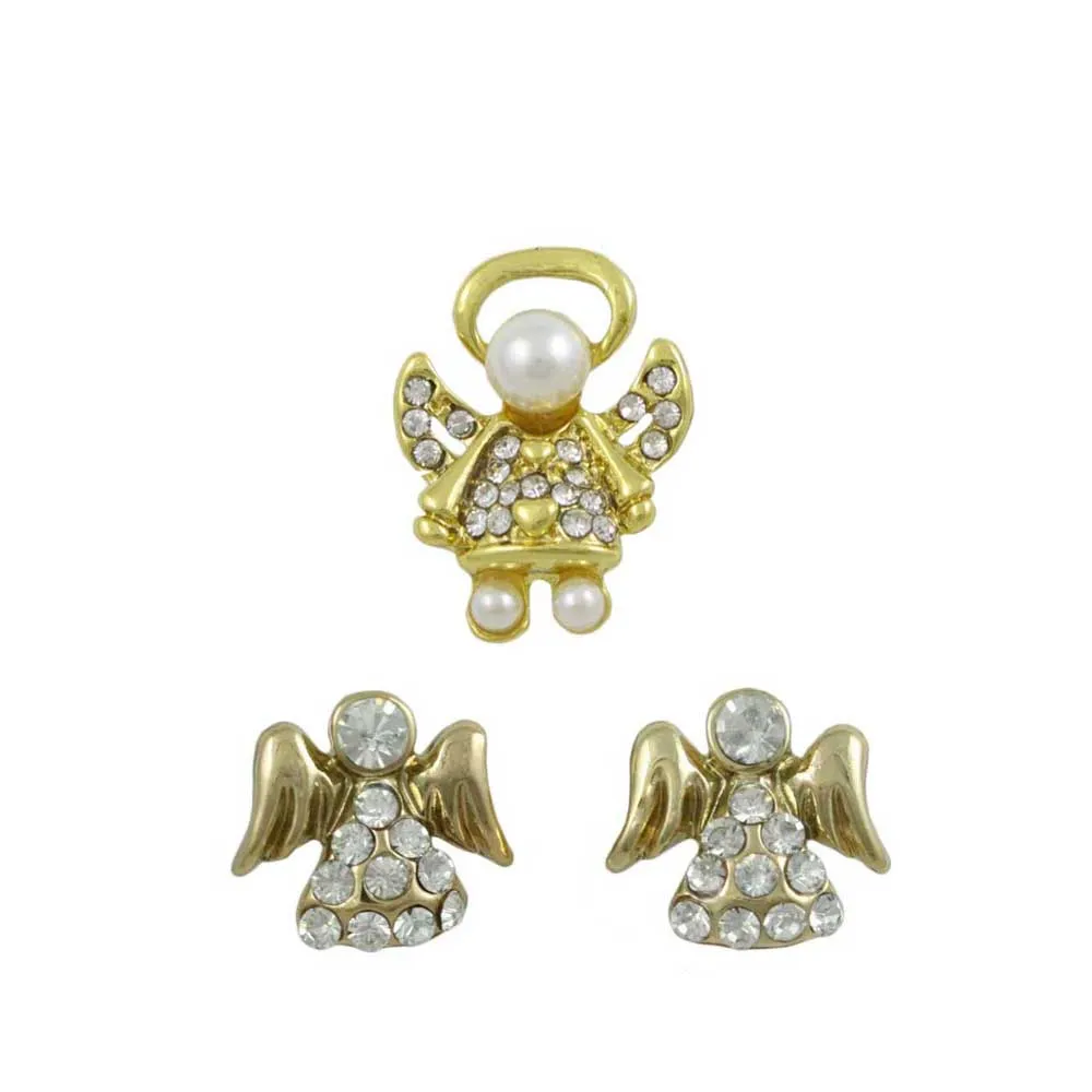 Gold Crystal Little Angel Lapel Tac Pin and Earring Set - SPF627GBS