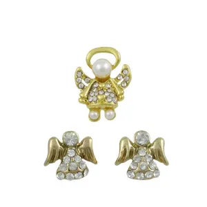 Gold Crystal Little Angel Lapel Tac Pin and Earring Set - SPF627GBS