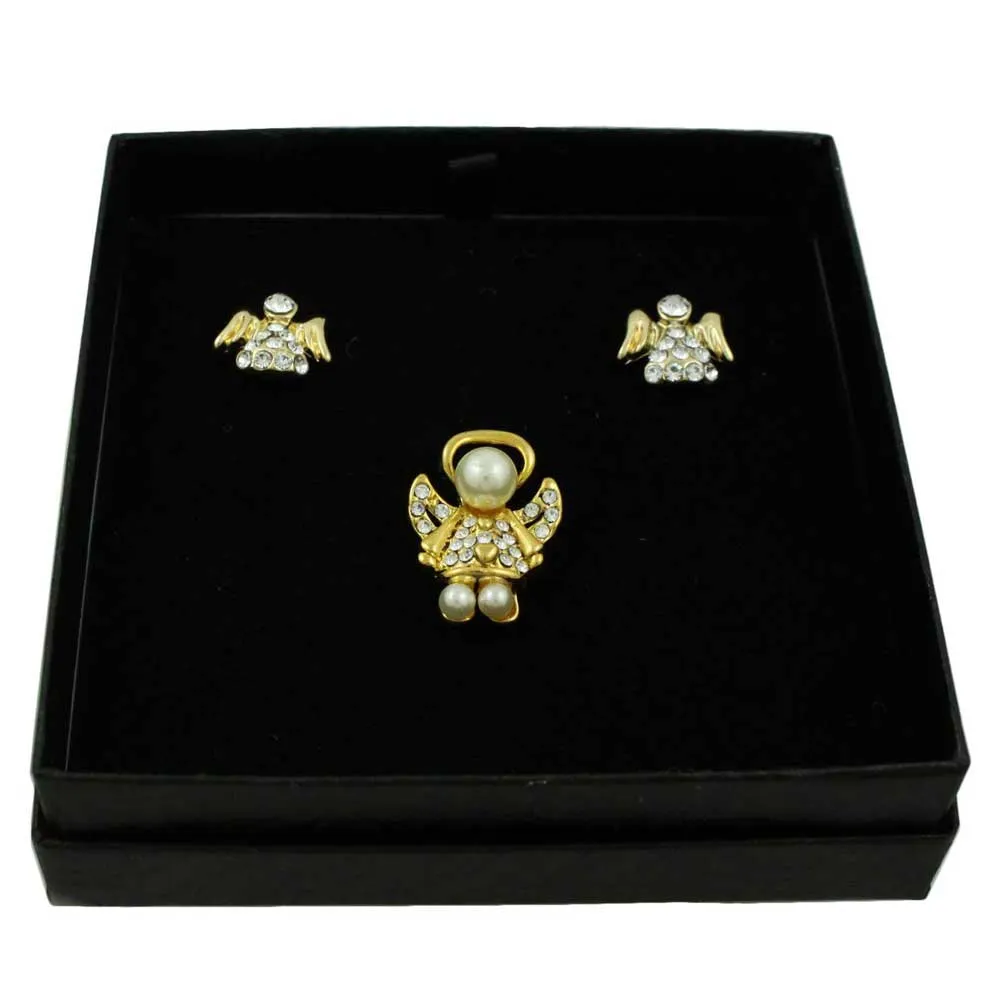Gold Crystal Little Angel Lapel Tac Pin and Earring Set - SPF627GBS