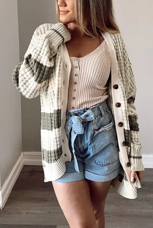 Green Colorblock Textured Knit Buttoned Cardigan
