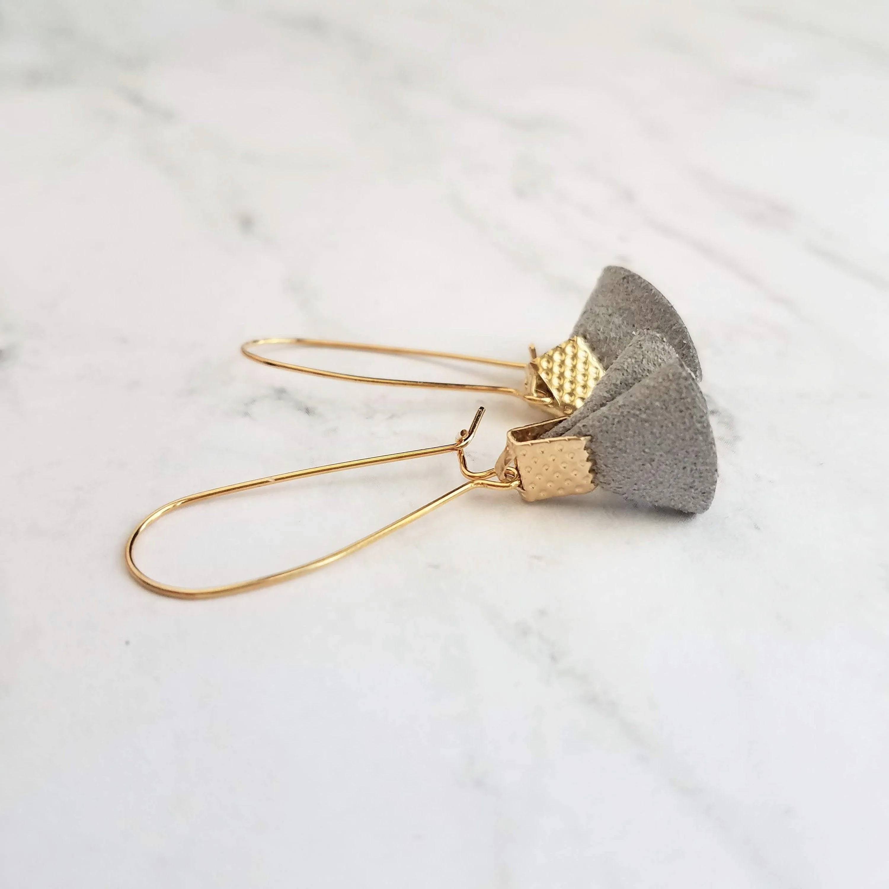 Grey Tassel Earrings - tiny faux suede folded fabric on long latching kidney ear hooks, gray vegan leather, small fan shape, little dangle