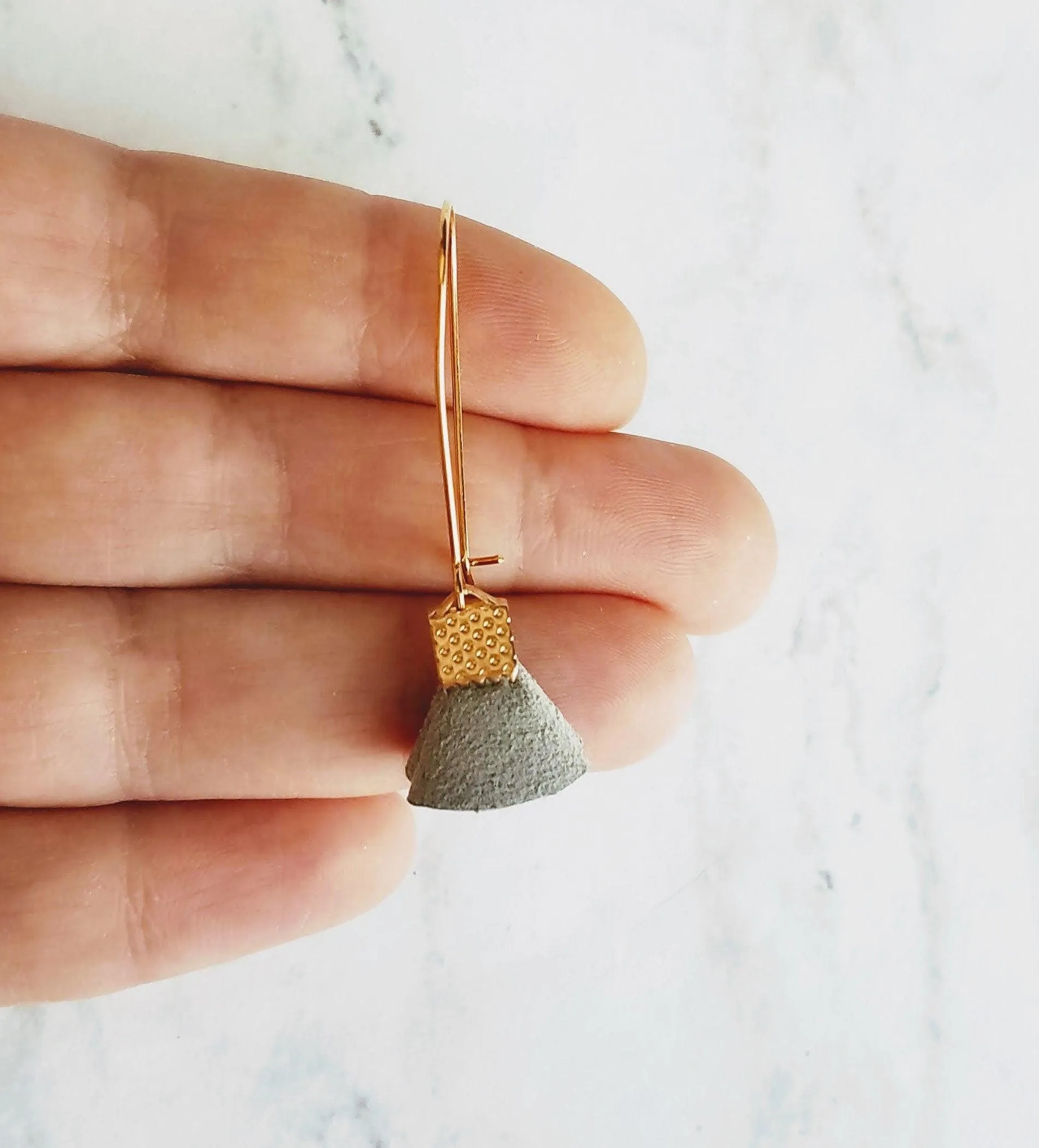 Grey Tassel Earrings - tiny faux suede folded fabric on long latching kidney ear hooks, gray vegan leather, small fan shape, little dangle