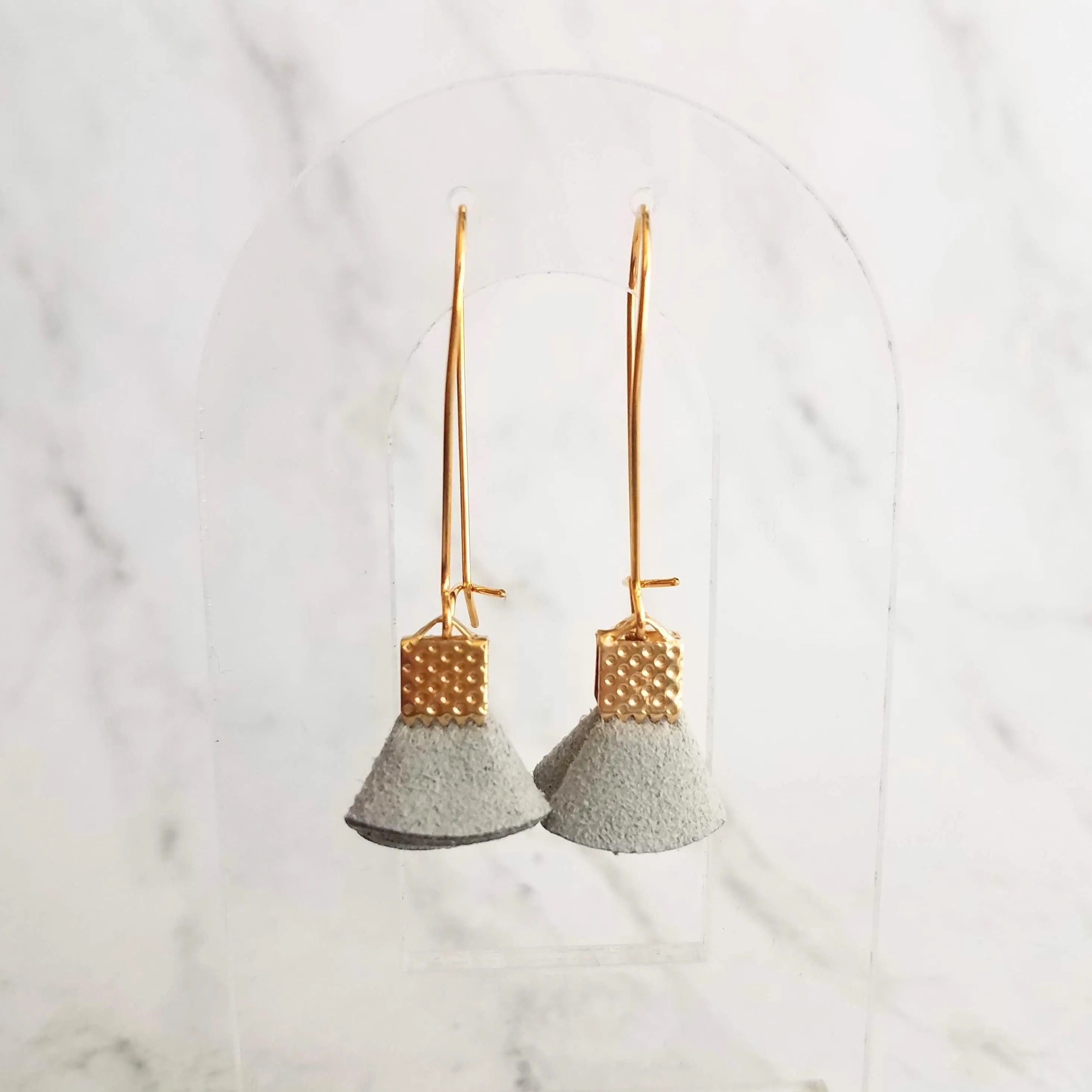 Grey Tassel Earrings - tiny faux suede folded fabric on long latching kidney ear hooks, gray vegan leather, small fan shape, little dangle