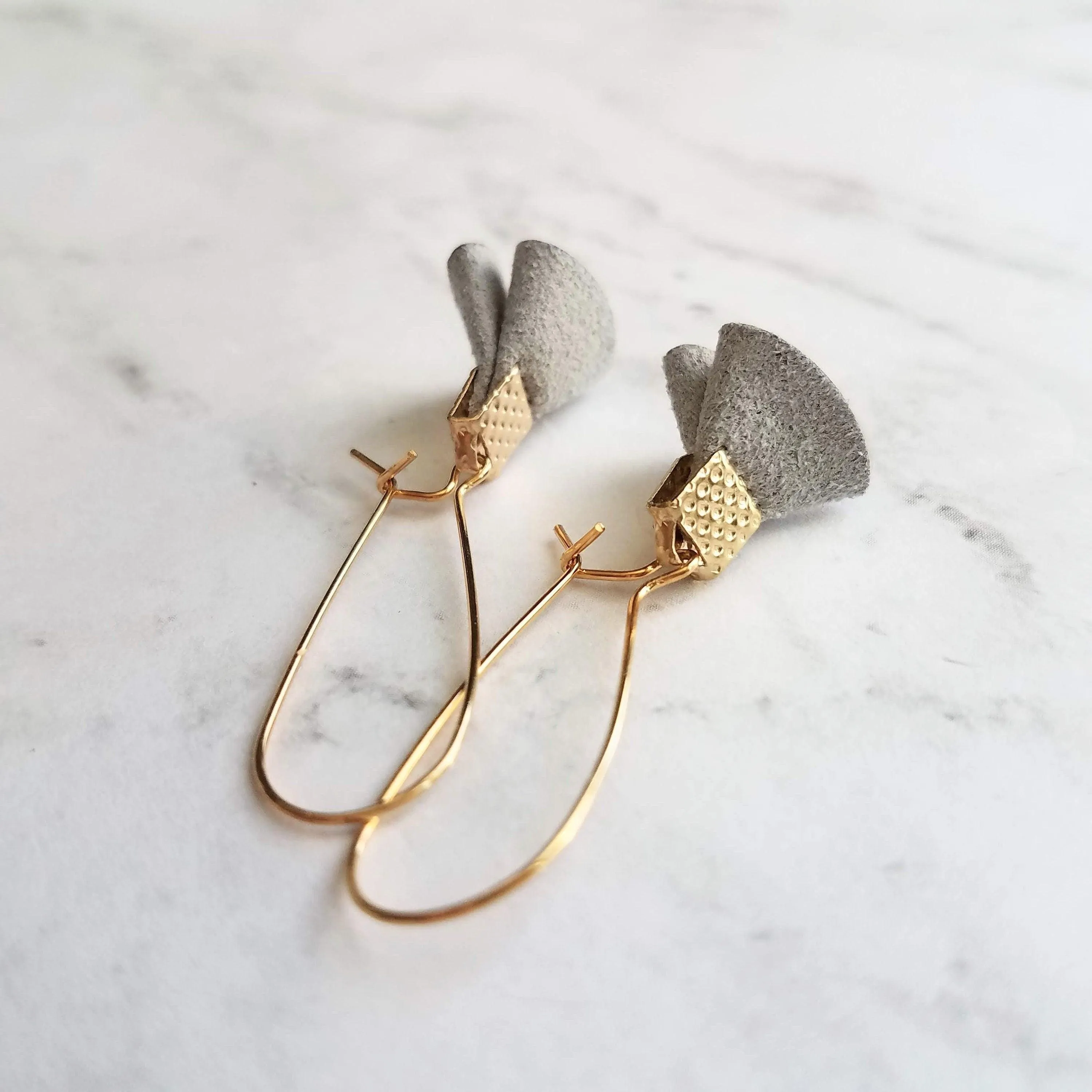 Grey Tassel Earrings - tiny faux suede folded fabric on long latching kidney ear hooks, gray vegan leather, small fan shape, little dangle