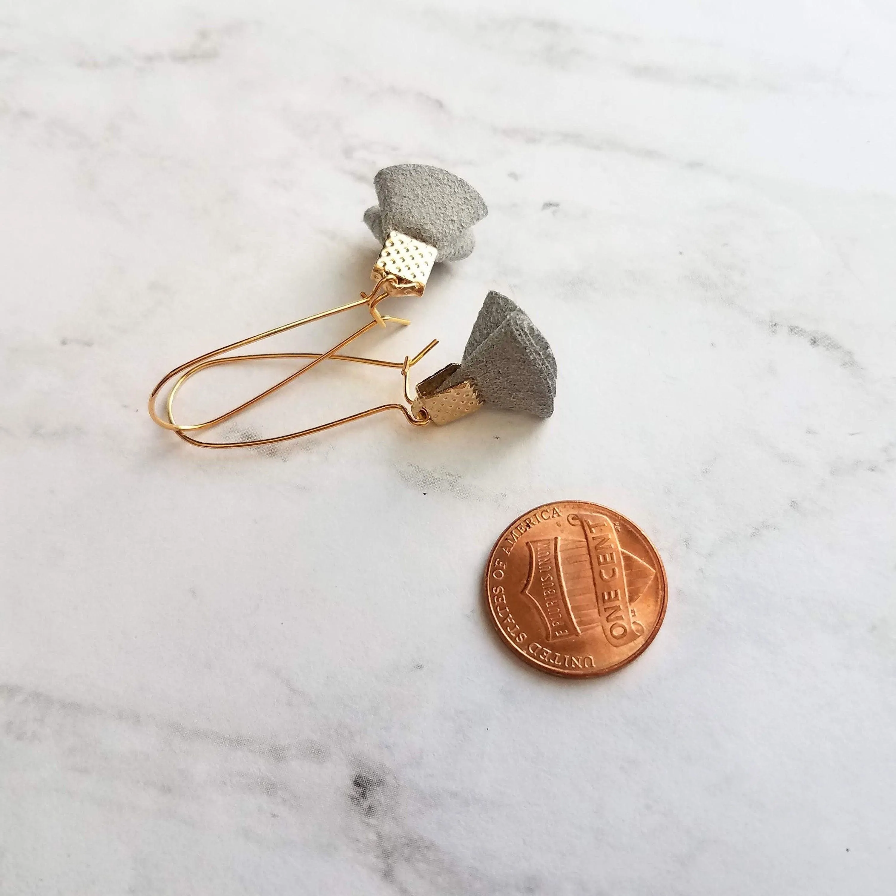 Grey Tassel Earrings - tiny faux suede folded fabric on long latching kidney ear hooks, gray vegan leather, small fan shape, little dangle