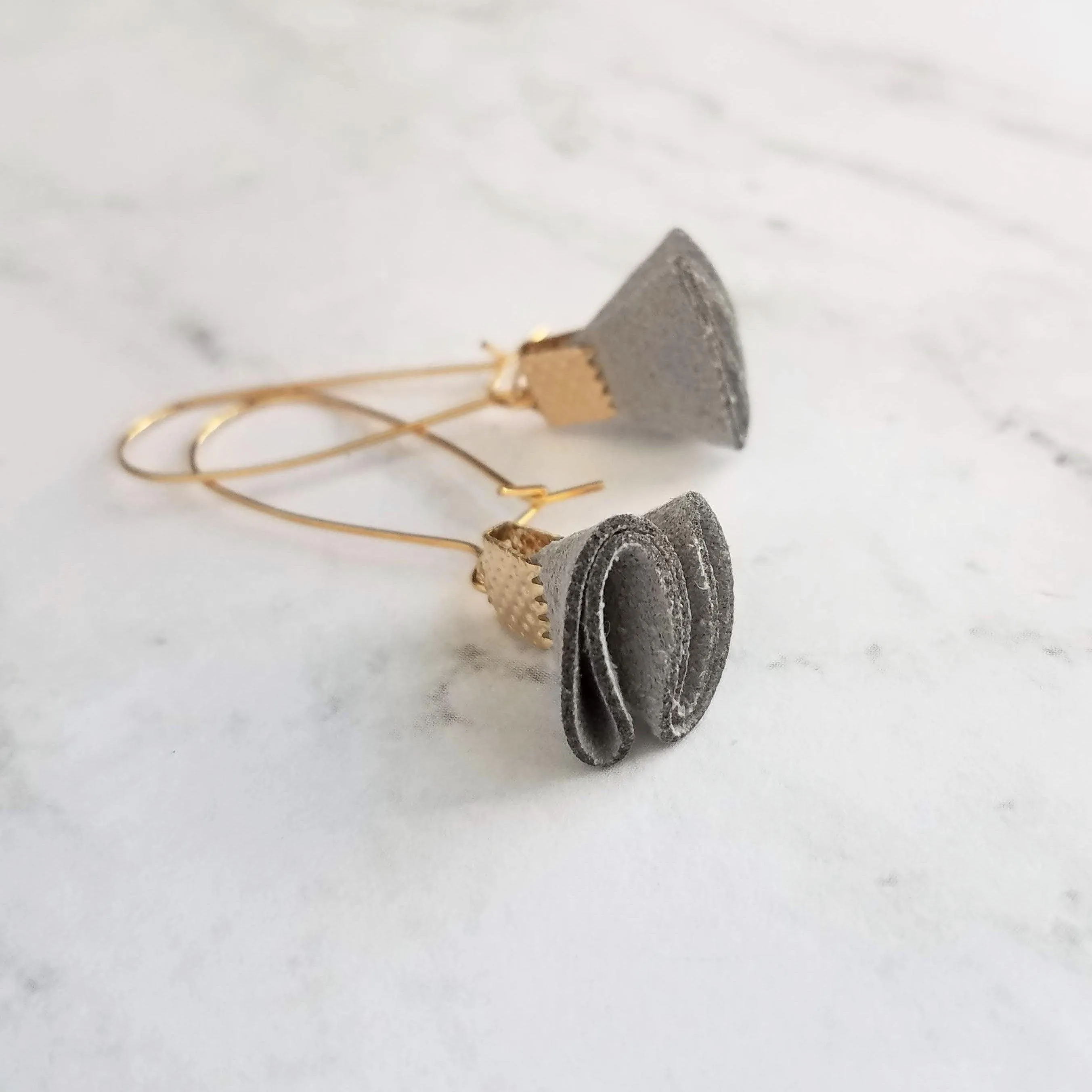 Grey Tassel Earrings - tiny faux suede folded fabric on long latching kidney ear hooks, gray vegan leather, small fan shape, little dangle