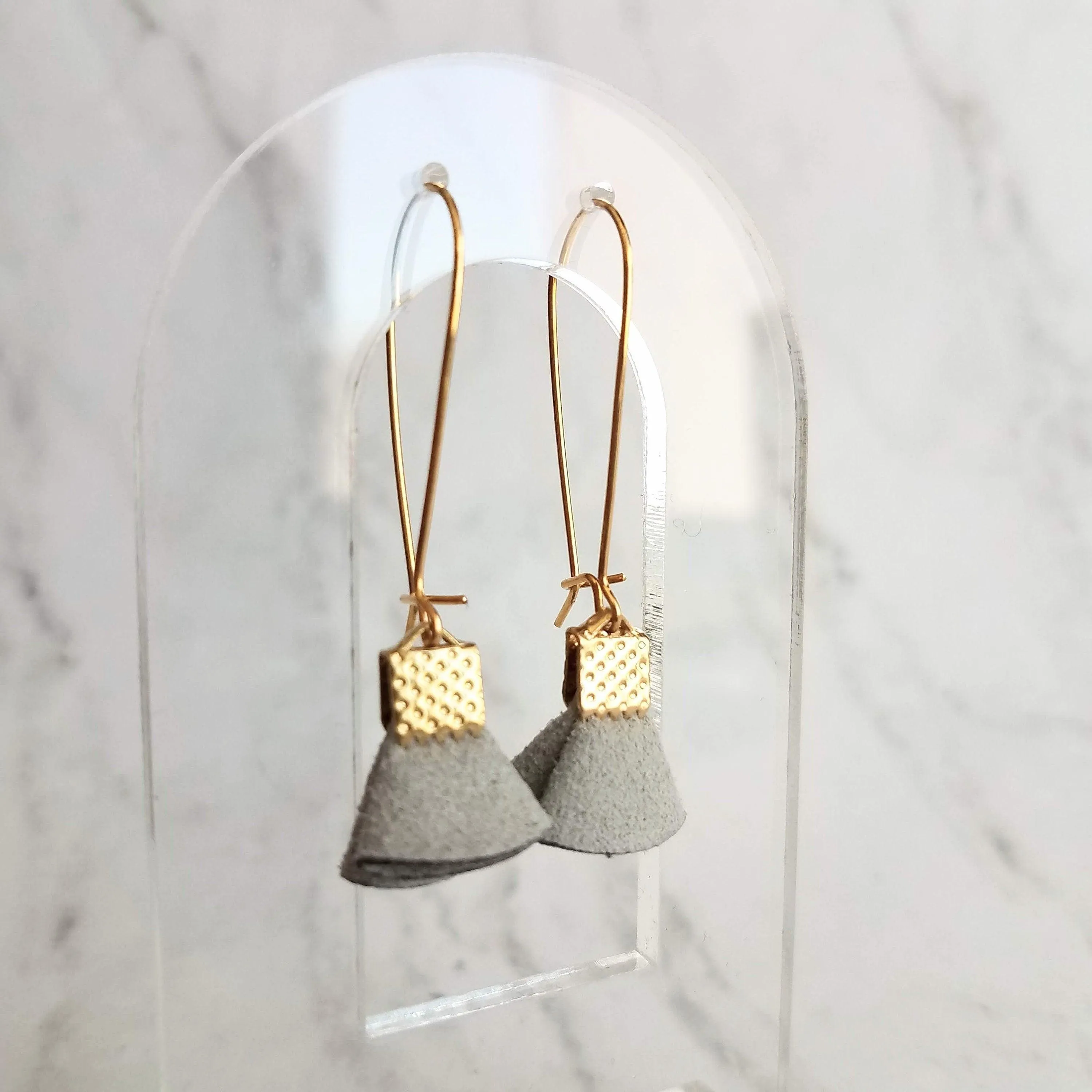 Grey Tassel Earrings - tiny faux suede folded fabric on long latching kidney ear hooks, gray vegan leather, small fan shape, little dangle
