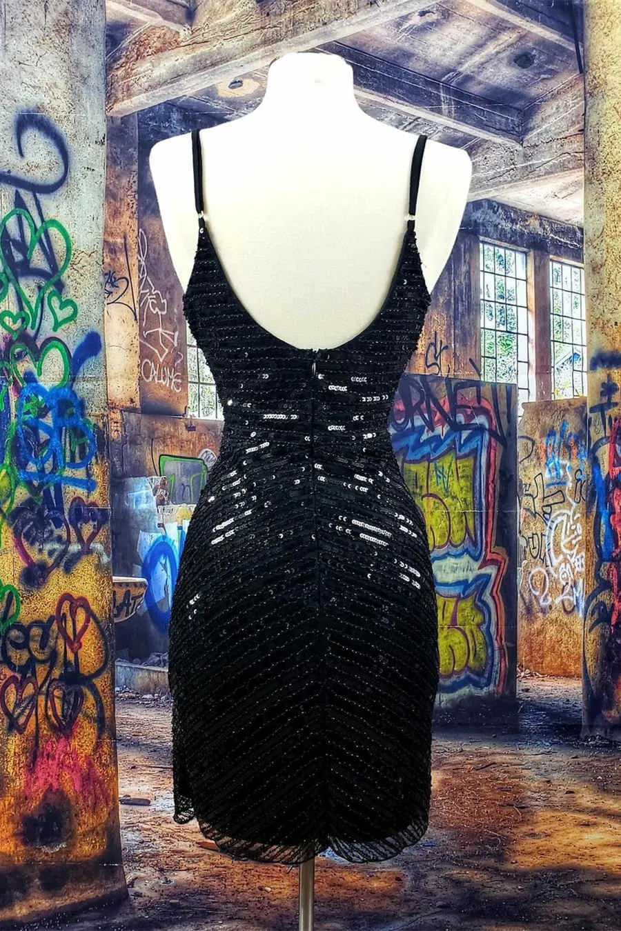 Halter Tight Black Sequined Short Homecoming Dress
