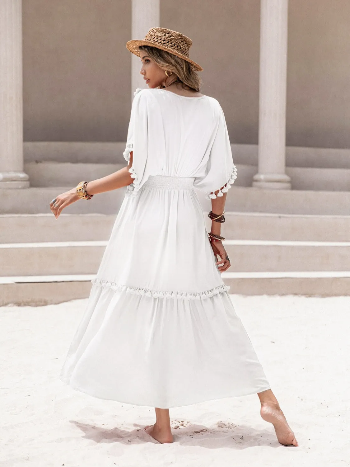 Hazel Blues® |  Tassel Trim Smocked V-Neck Short Sleeve Dress