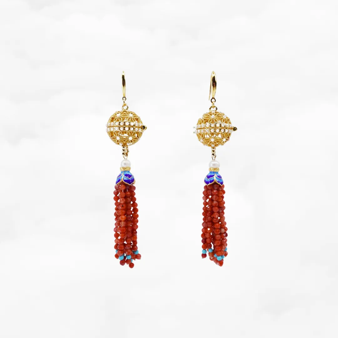 Herbal Locket Gemstone Tassel Earrings - Faceted Carnelian