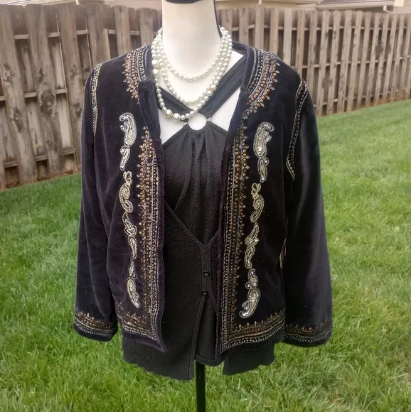 Indigo Moon Black Velveteen Beaded, Sequined &amp; Embroidered Bolero Jacket