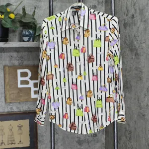Ishyu Womens Striped Silk Long Sleeve Button Up Shirt Blouse Top Off White 4