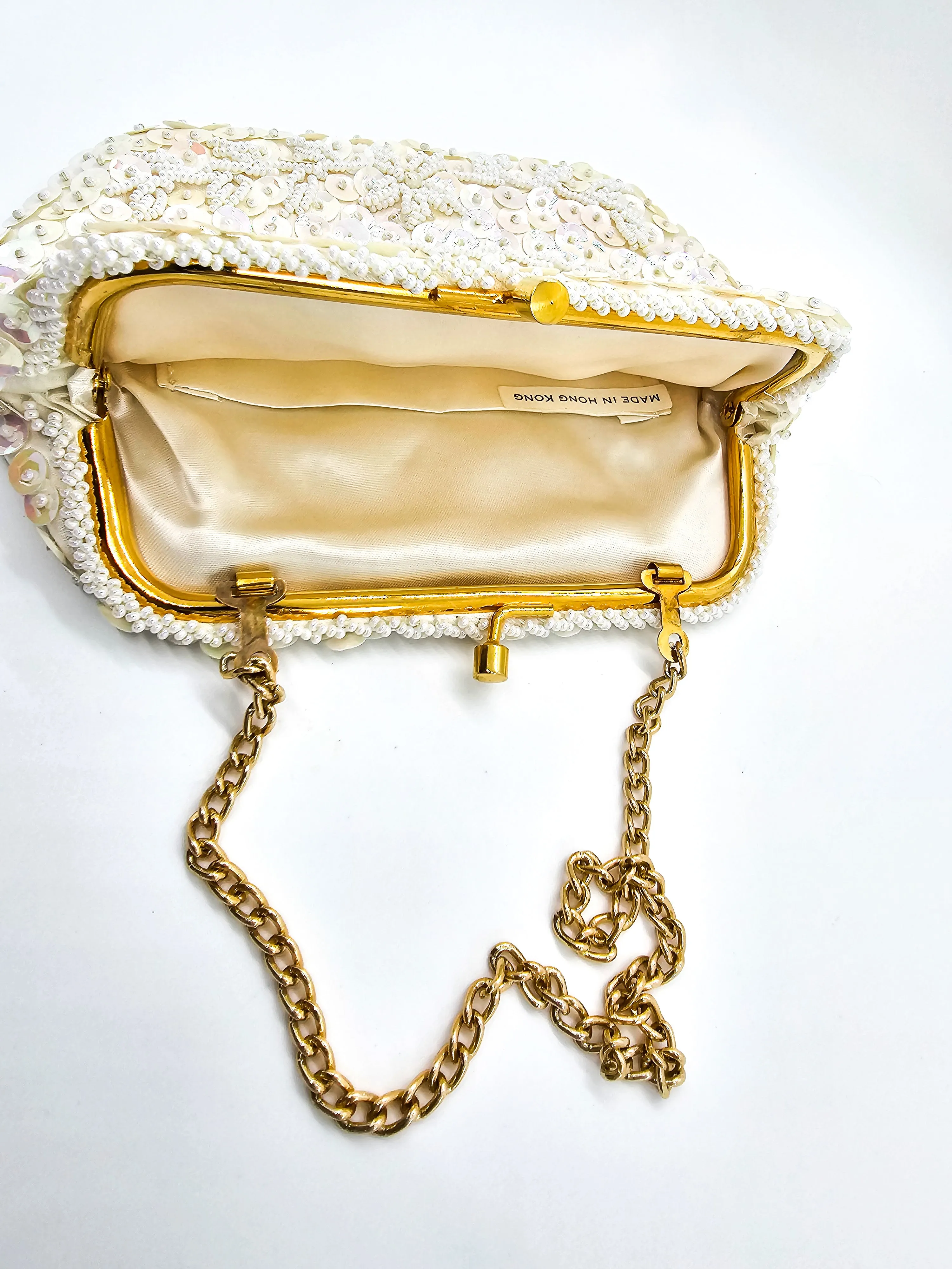 JBM Cream sequin and beaded vintage evening bag and glasses holder set