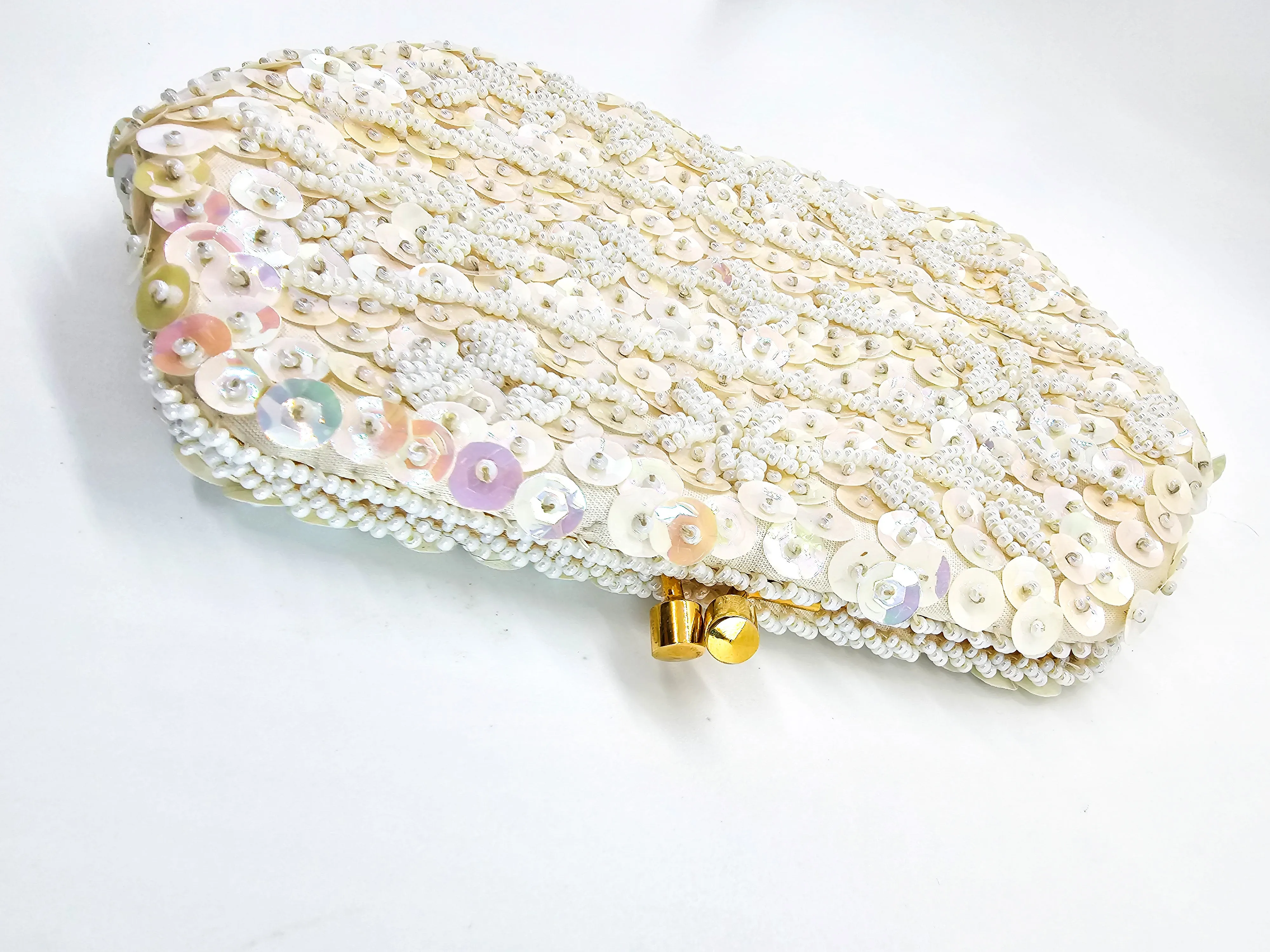 JBM Cream sequin and beaded vintage evening bag and glasses holder set