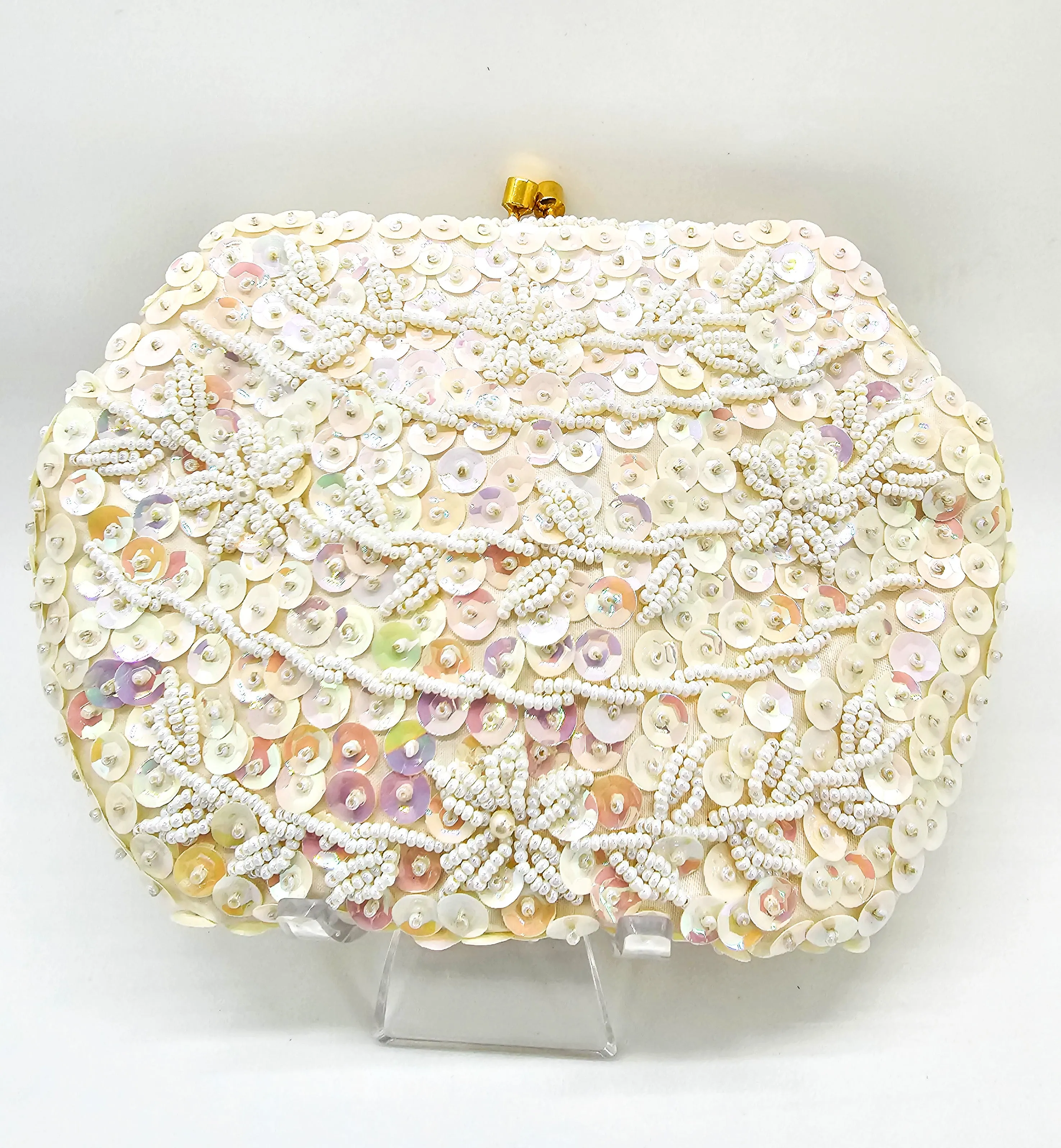 JBM Cream sequin and beaded vintage evening bag and glasses holder set