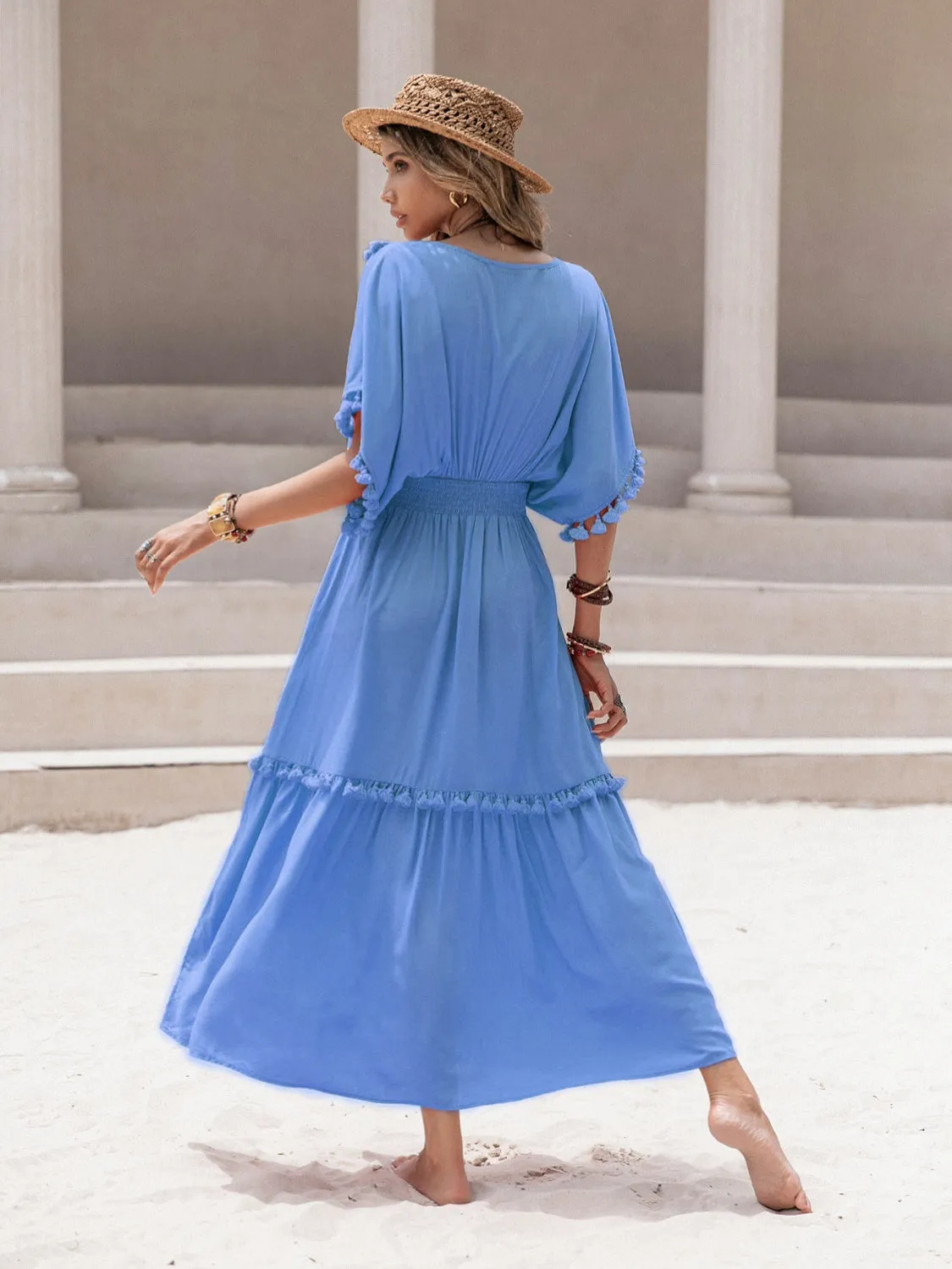 Kady Tassel Trim Smocked V-Neck Short Sleeve Dress