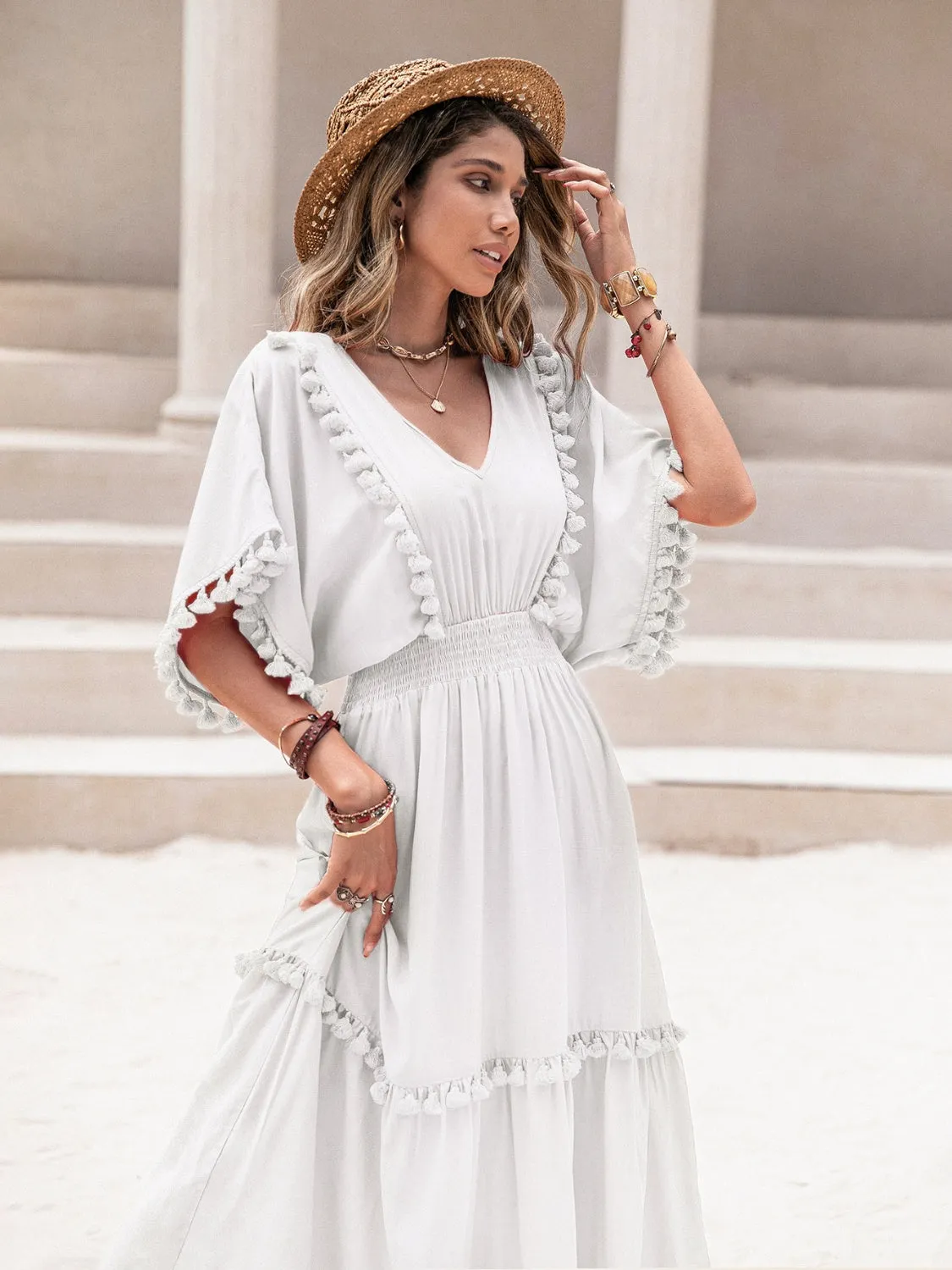 Kady Tassel Trim Smocked V-Neck Short Sleeve Dress