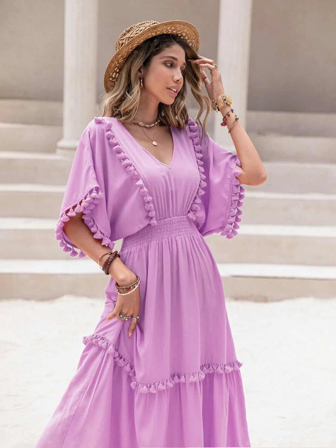 Kady Tassel Trim Smocked V-Neck Short Sleeve Dress