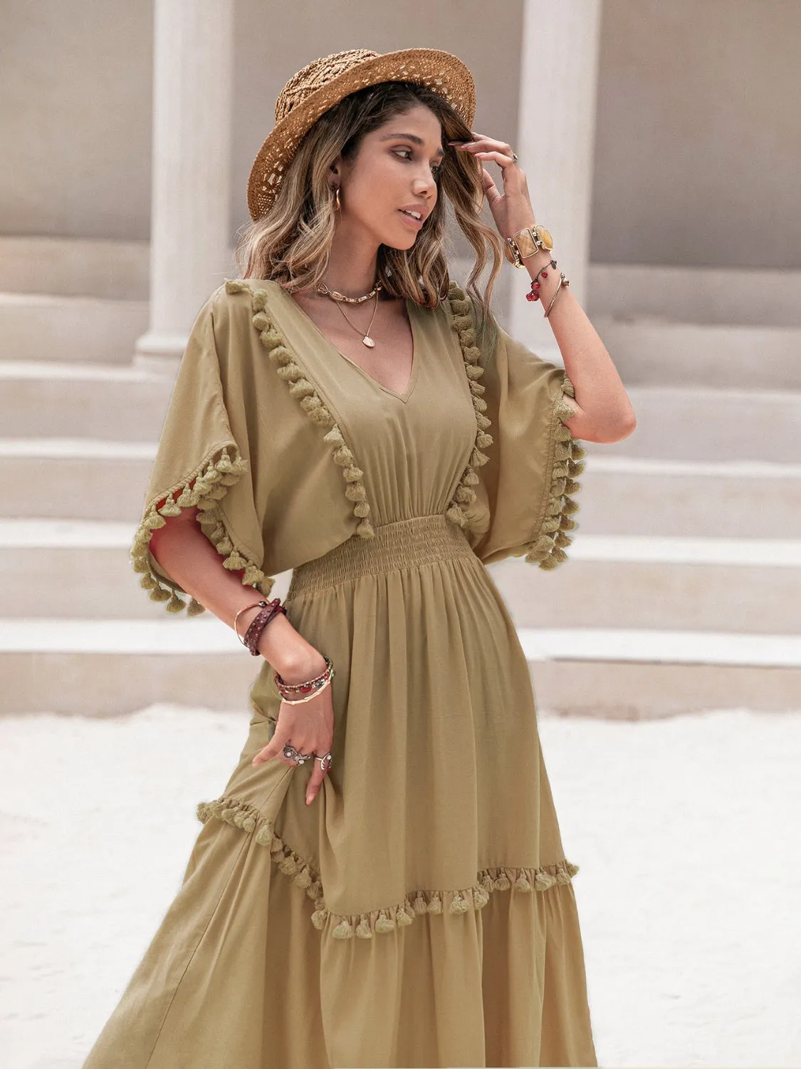 Kady Tassel Trim Smocked V-Neck Short Sleeve Dress