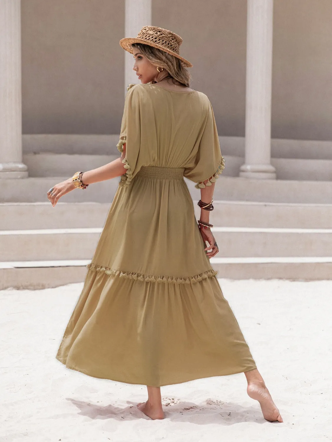 Kady Tassel Trim Smocked V-Neck Short Sleeve Dress