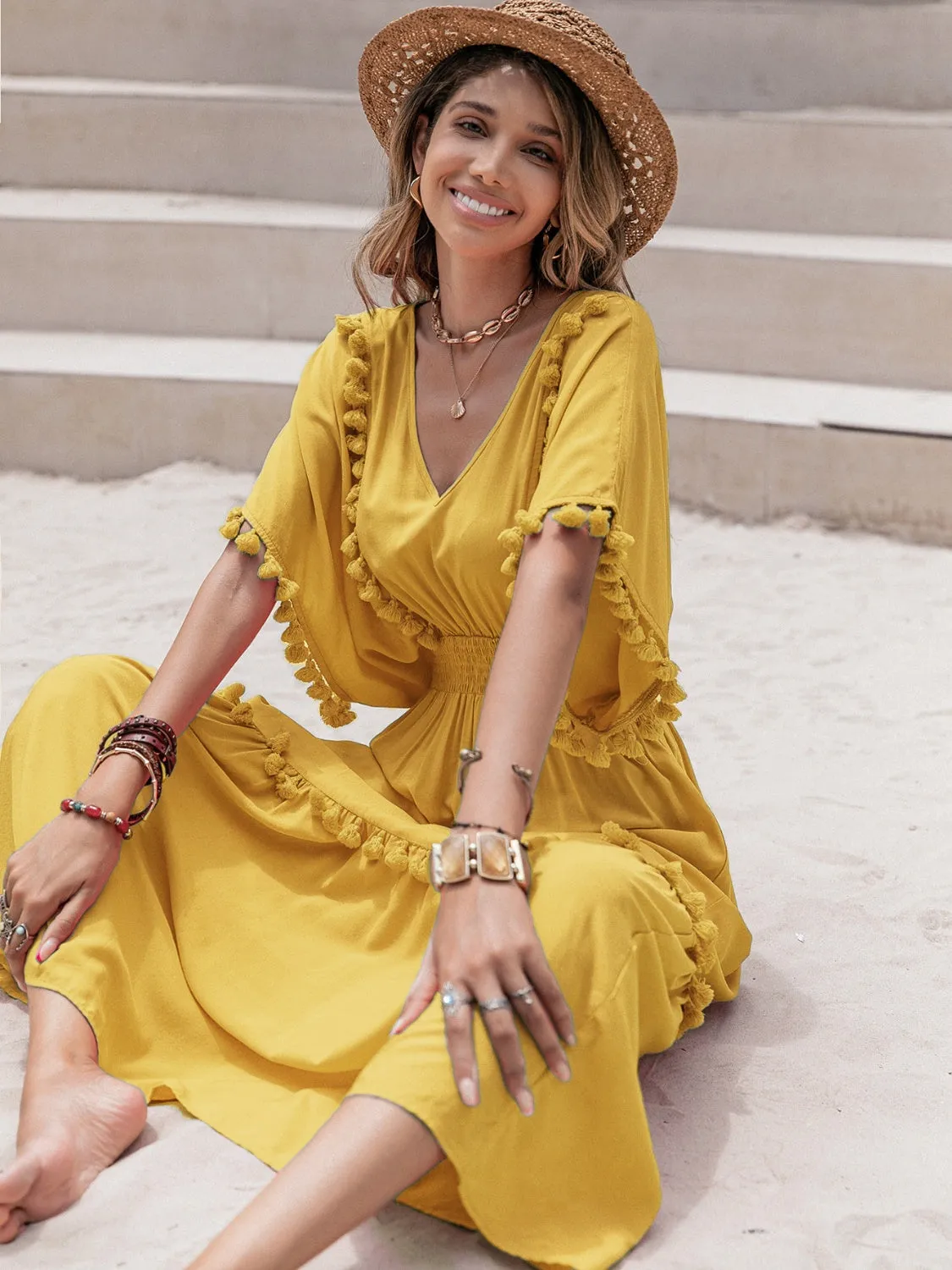 Kady Tassel Trim Smocked V-Neck Short Sleeve Dress