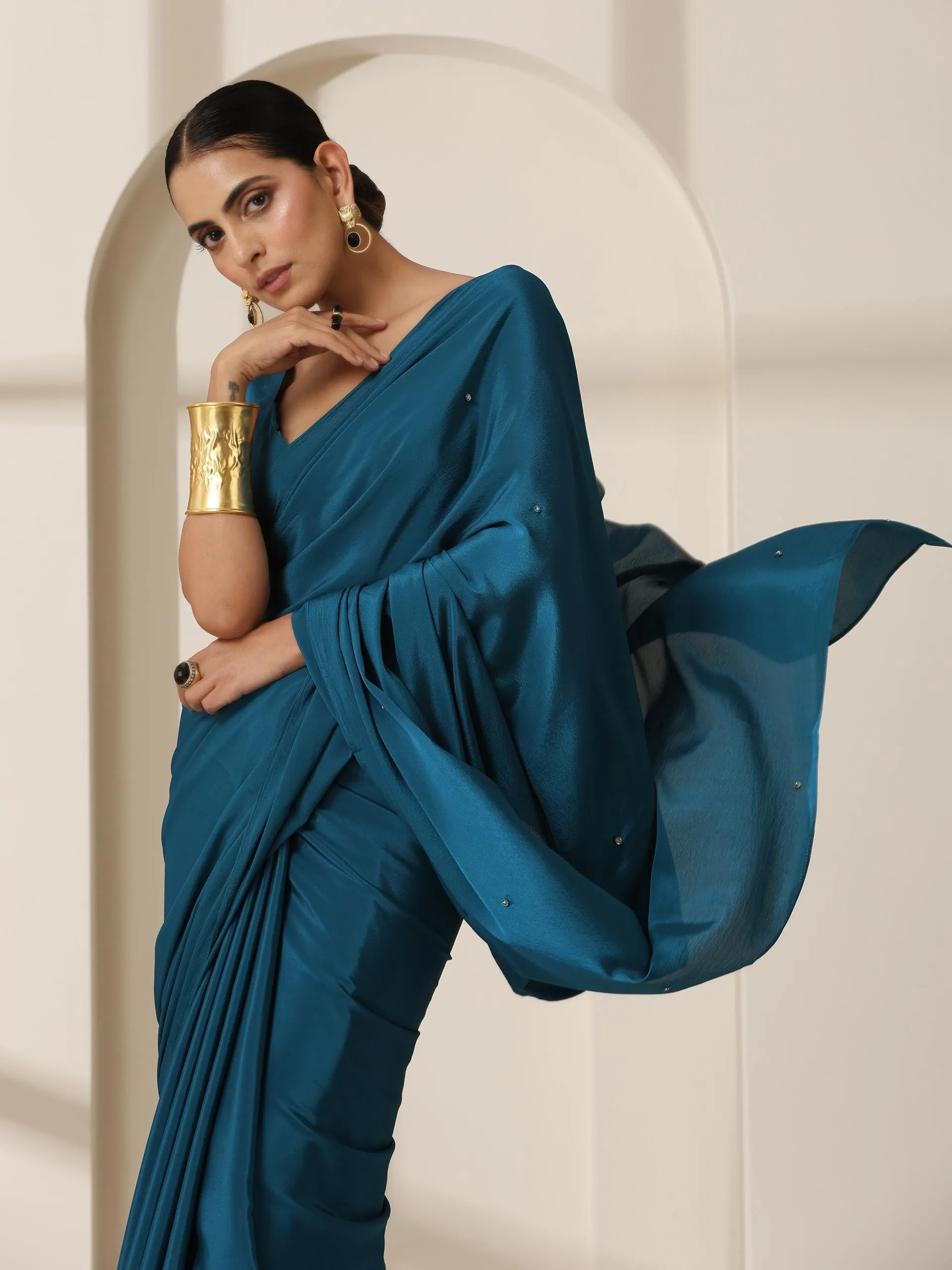 La Azure Crepe Saree with Beads on Pallu and Self Blouse Fabric