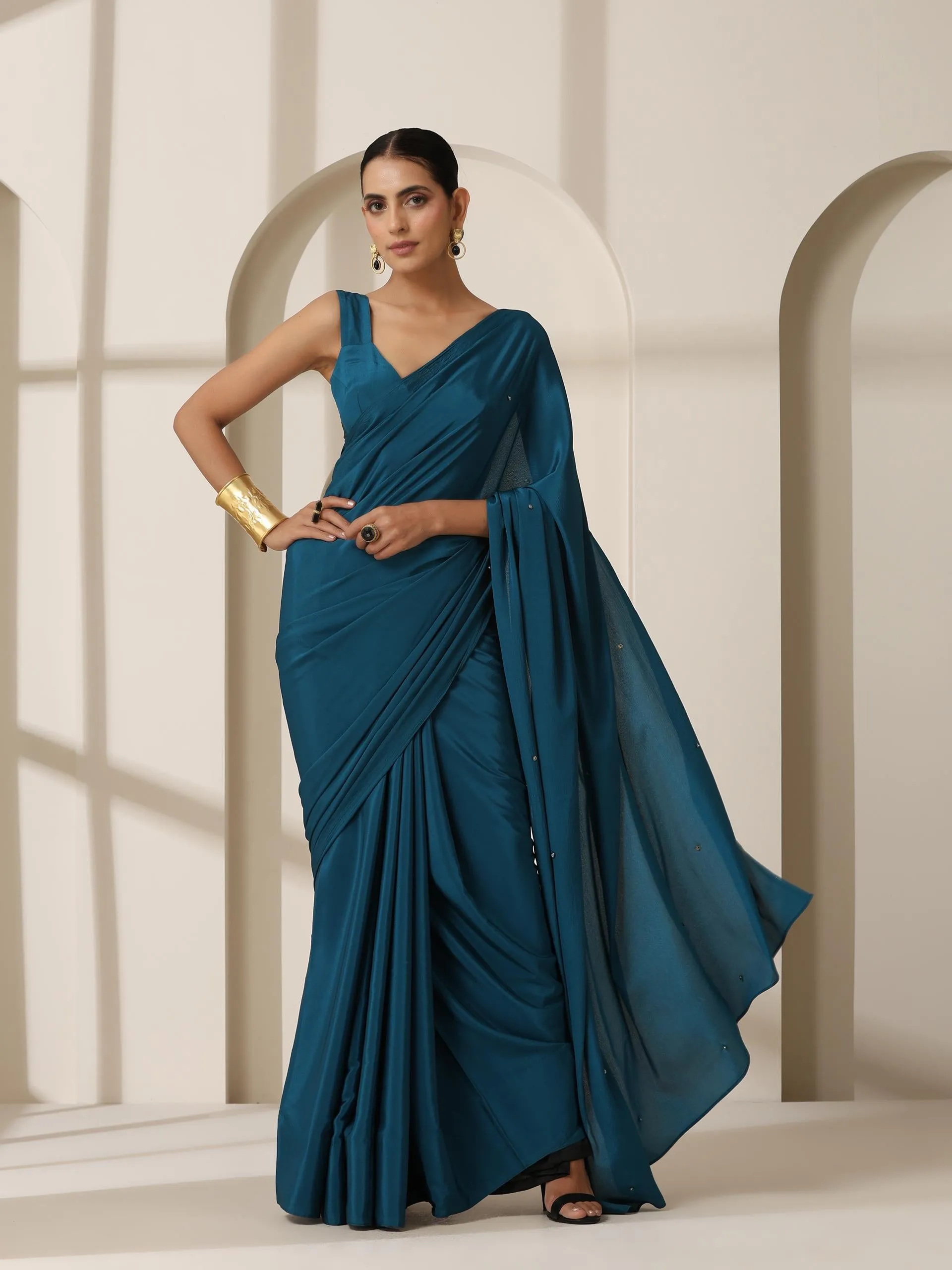 La Azure Crepe Saree with Beads on Pallu and Self Blouse Fabric