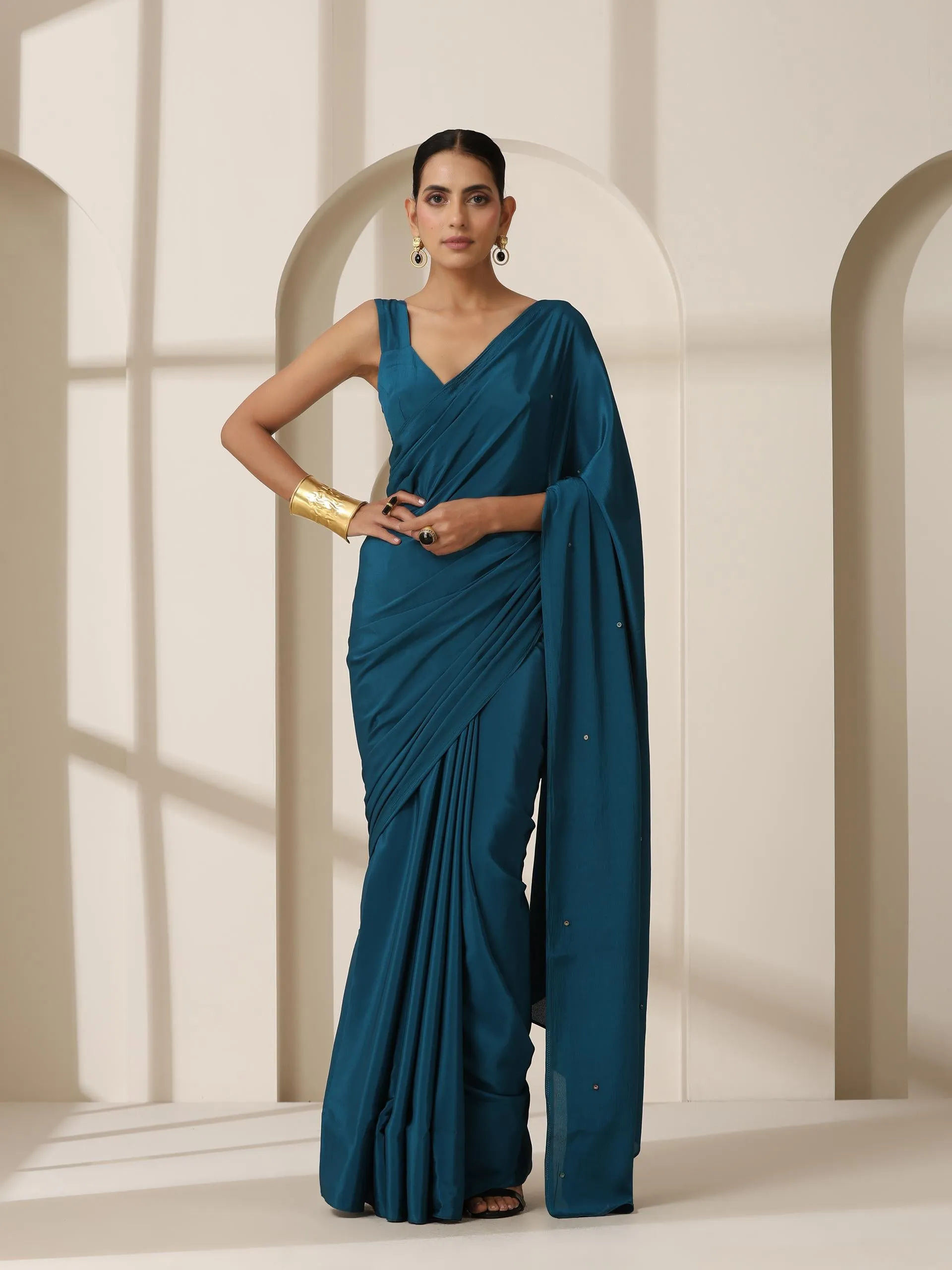 La Azure Crepe Saree with Beads on Pallu and Self Blouse Fabric
