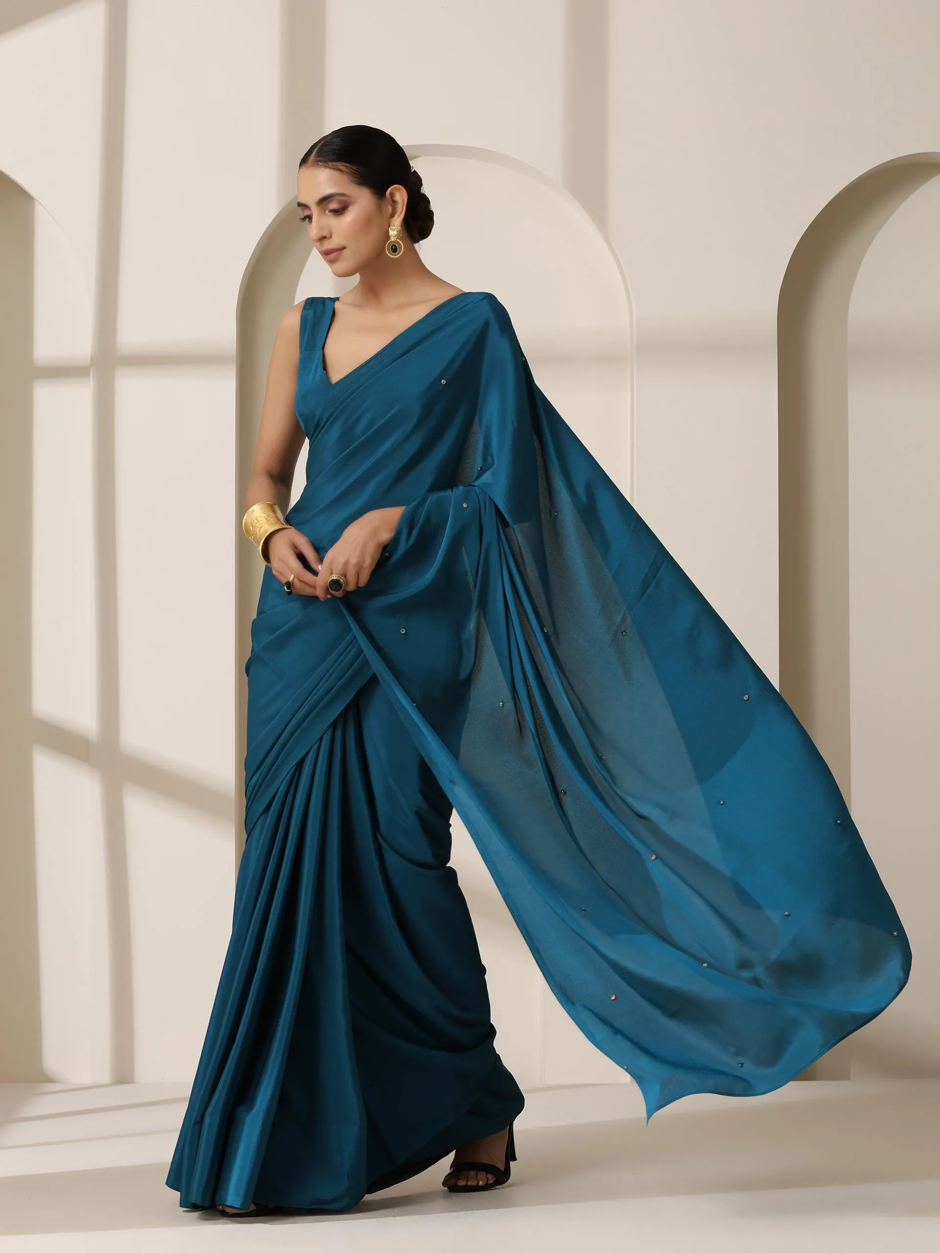 La Azure Crepe Saree with Beads on Pallu and Self Blouse Fabric