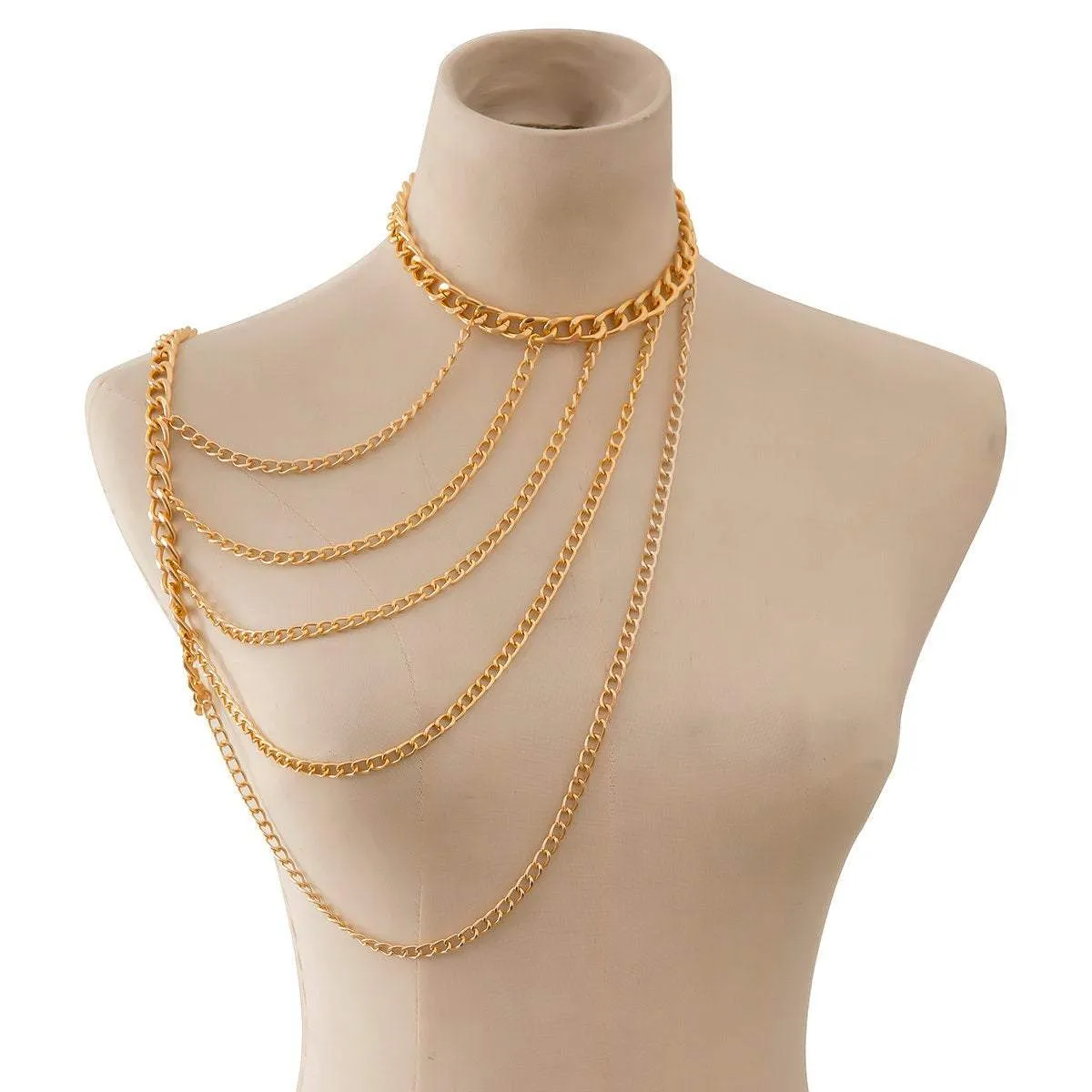 Layered Gold Silver Tone Curb Link Chain Tassel Shoulder Necklace