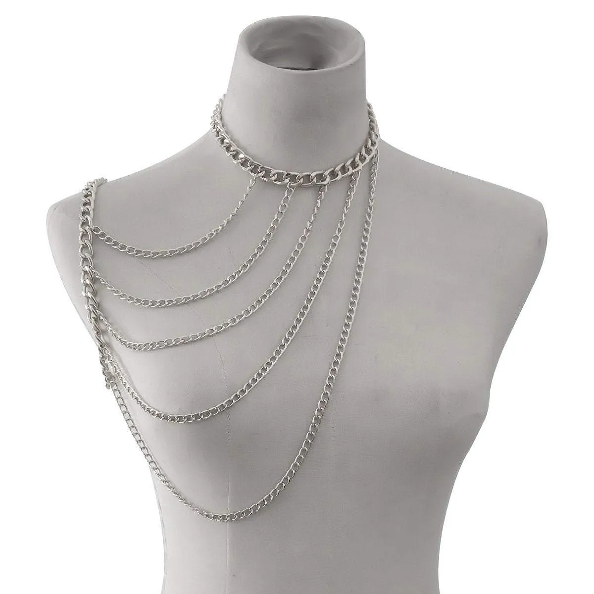 Layered Gold Silver Tone Curb Link Chain Tassel Shoulder Necklace