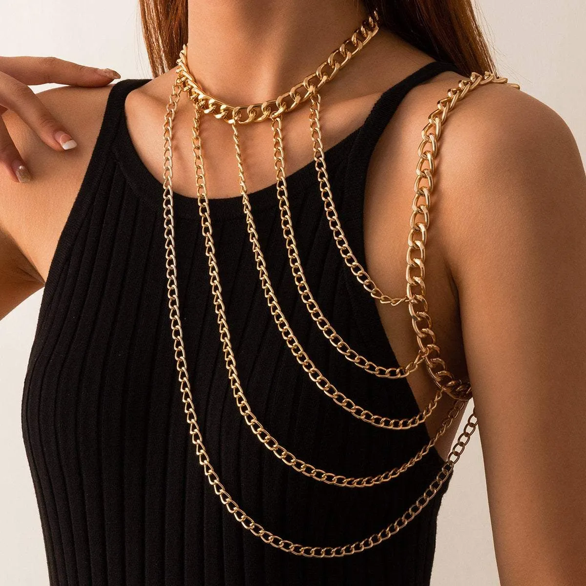 Layered Gold Silver Tone Curb Link Chain Tassel Shoulder Necklace
