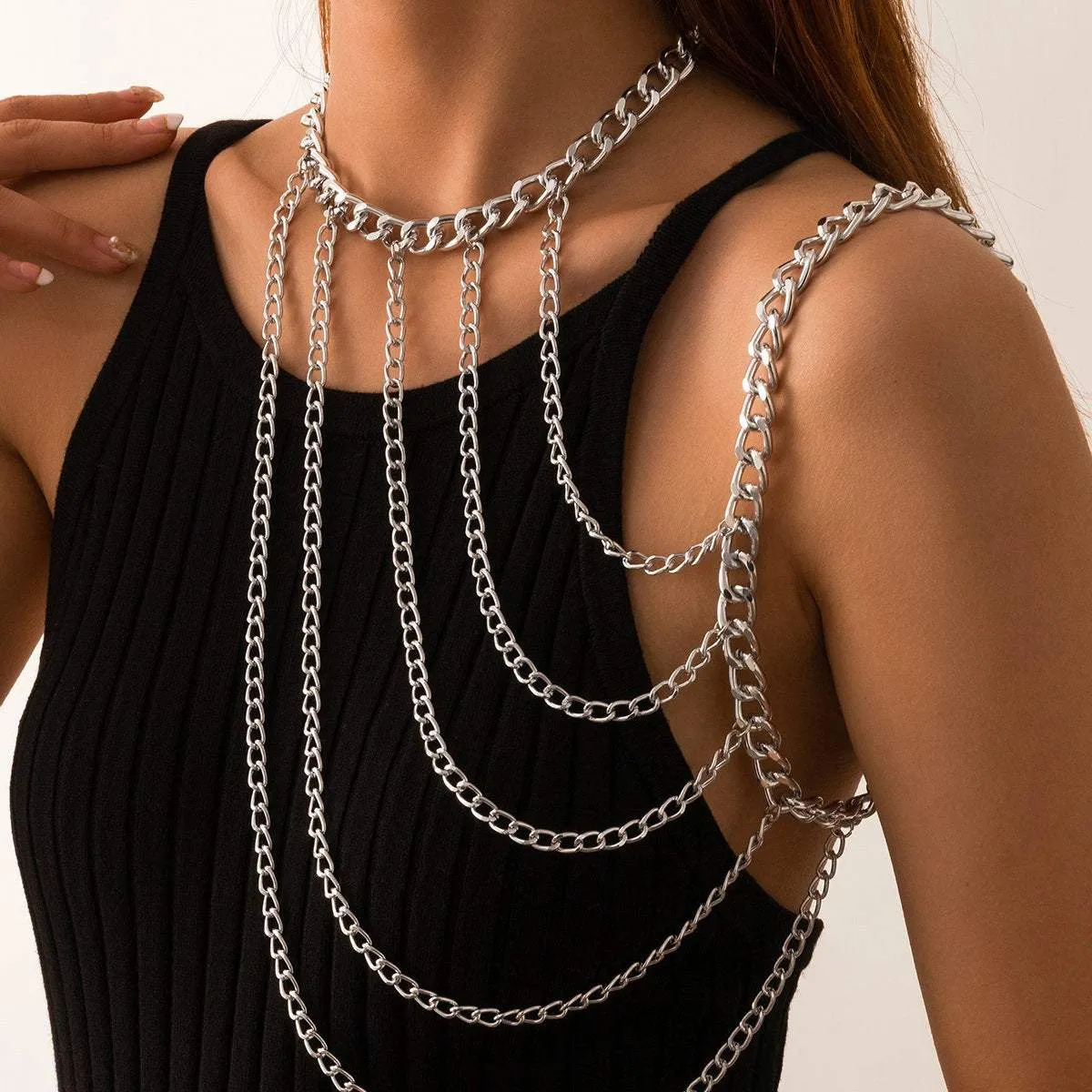 Layered Gold Silver Tone Curb Link Chain Tassel Shoulder Necklace