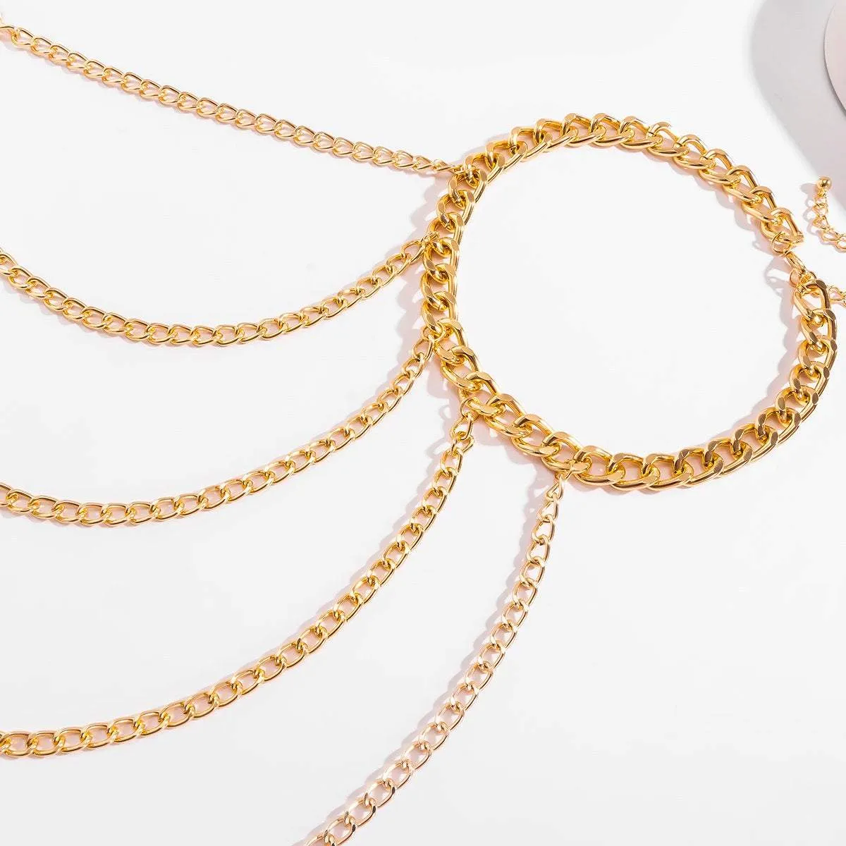 Layered Gold Silver Tone Curb Link Chain Tassel Shoulder Necklace