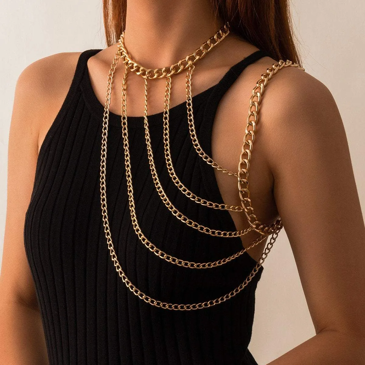 Layered Gold Silver Tone Curb Link Chain Tassel Shoulder Necklace
