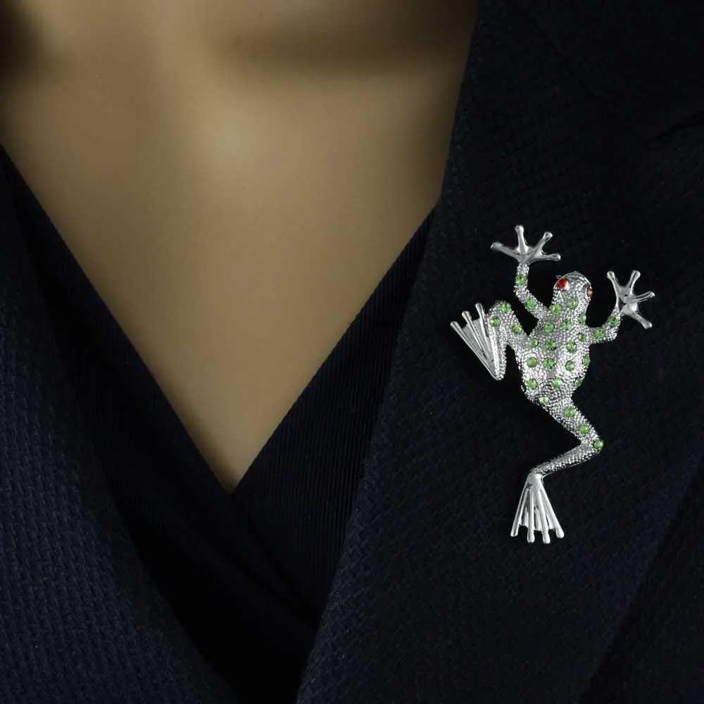Light Green Crystal Leaping Frog with Red Eyes Brooch Pin - PRA622