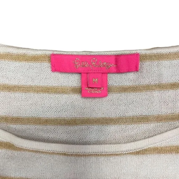 Lilly Pulitzer Elba Pullover Sweater Gold Striped 3/4 Sleeve Size M NWOT