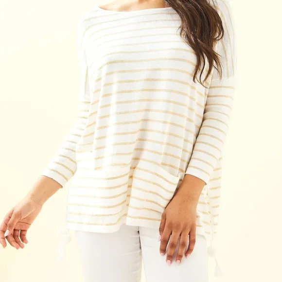 Lilly Pulitzer Elba Pullover Sweater Gold Striped 3/4 Sleeve Size M NWOT