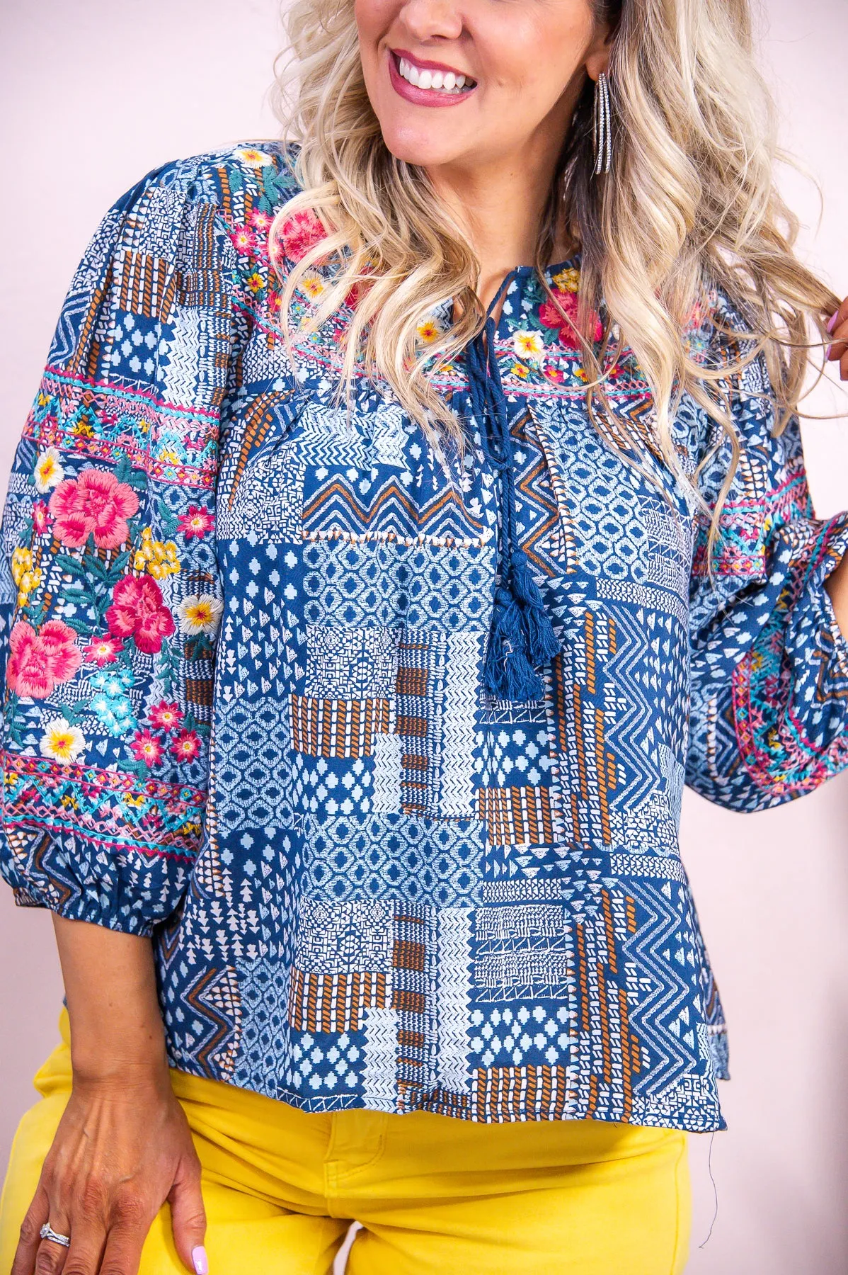 Live Life In Full Bloom Navy/Multi Color/Pattern Embroidered Top - T9132NV