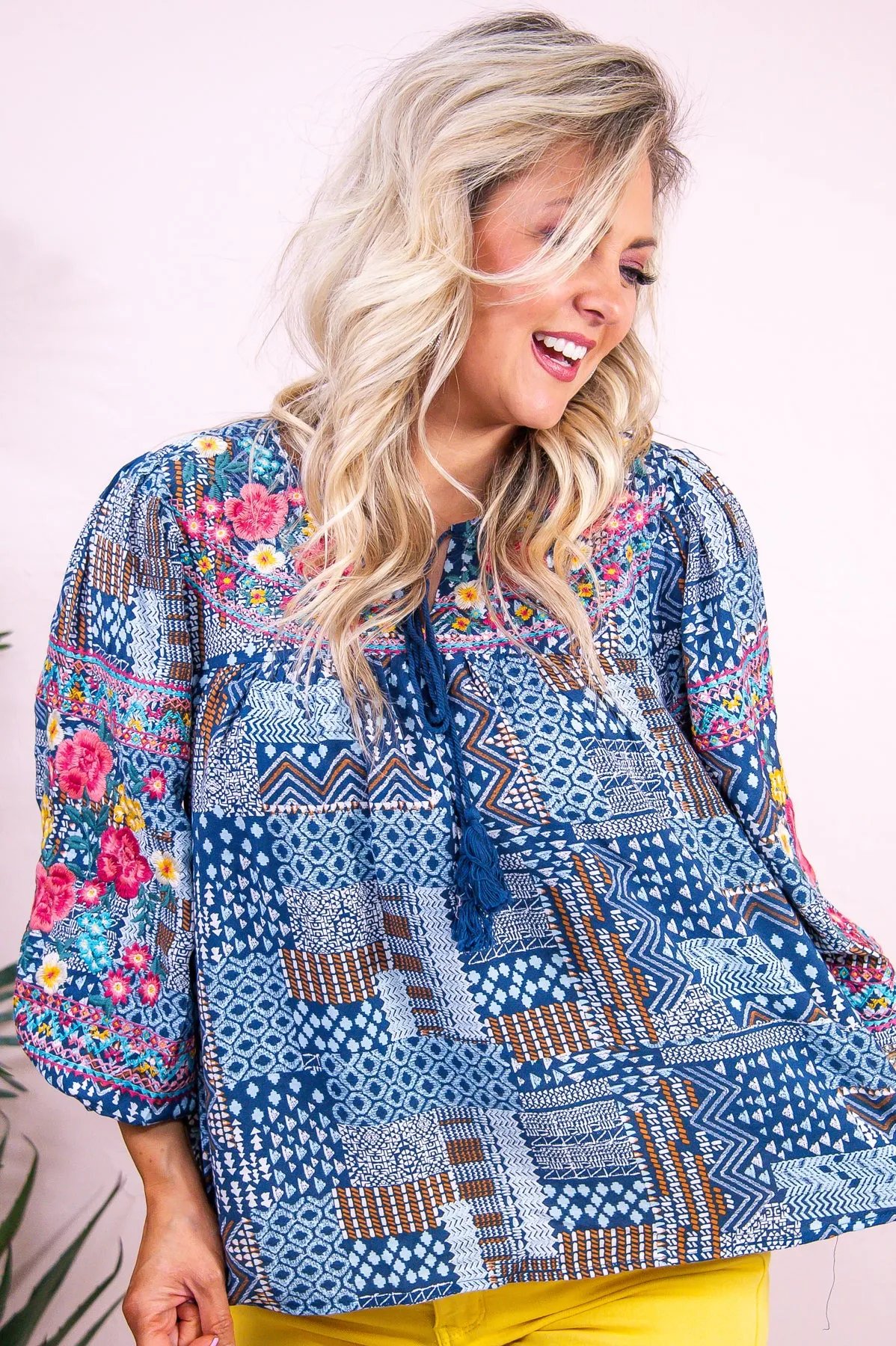 Live Life In Full Bloom Navy/Multi Color/Pattern Embroidered Top - T9132NV