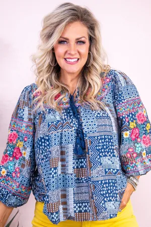 Live Life In Full Bloom Navy/Multi Color/Pattern Embroidered Top - T9132NV