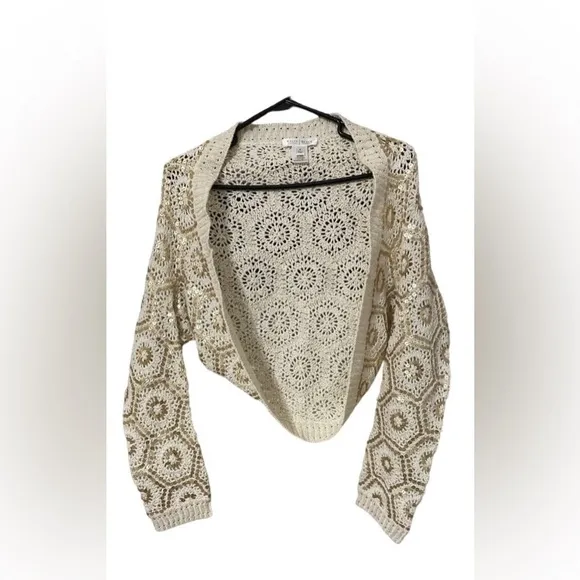 LN White House Black Market Cropped Embroidered Knit Sequin Open Cardigan Y2K