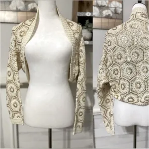 LN White House Black Market Cropped Embroidered Knit Sequin Open Cardigan Y2K