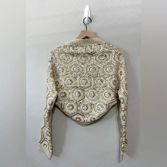 LN White House Black Market Cropped Embroidered Knit Sequin Open Cardigan Y2K